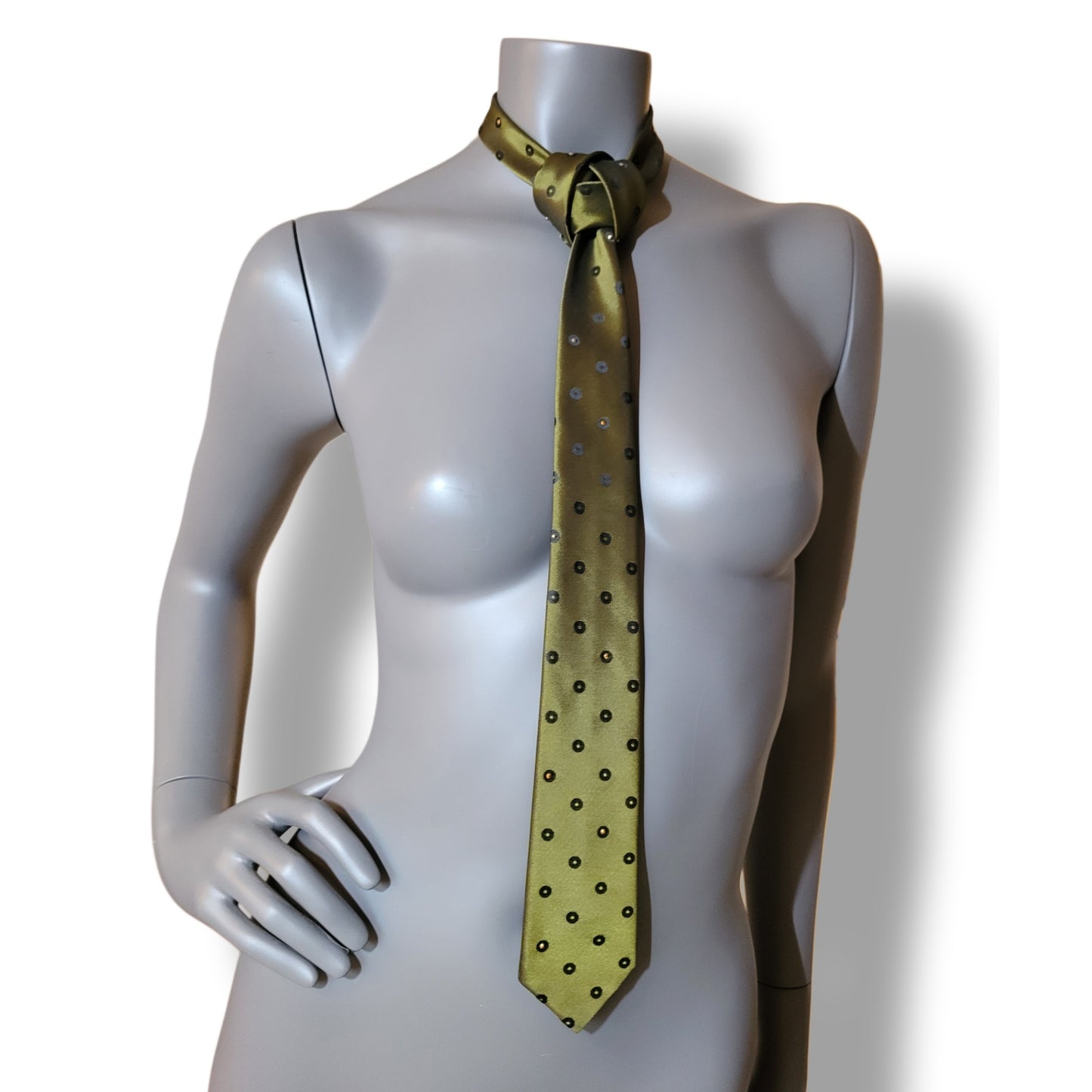 Another Dance collection: All Along the Watchtower tie, retro slim late original 60's early 70's synthetic necktie in a green shade with darker circles adorned with shimmering golden glass crystals