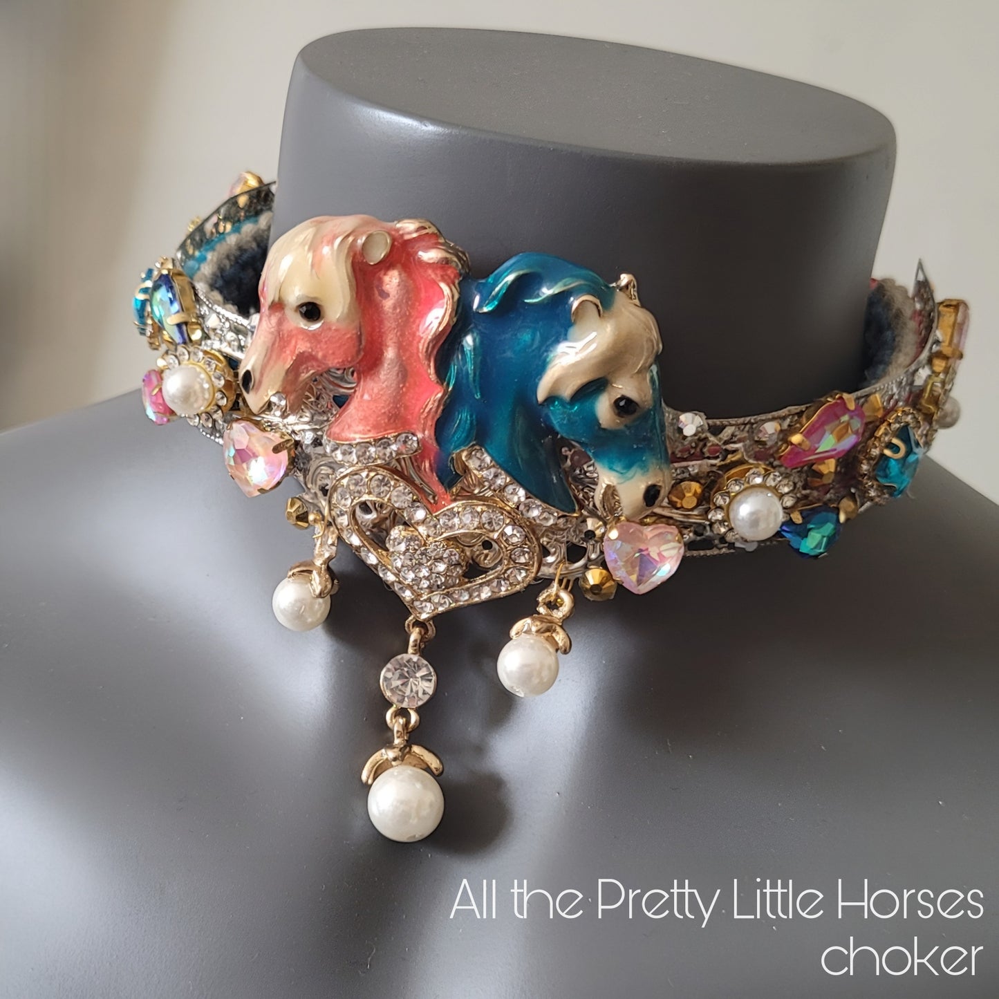 WhatEver collection: The All The Pretty Little Horses metal choker with two horse heads (pink and blue), dangling pearls, high quality glass crystals, rhinestones, and two coloured velvet ribbons (update photos before launch)