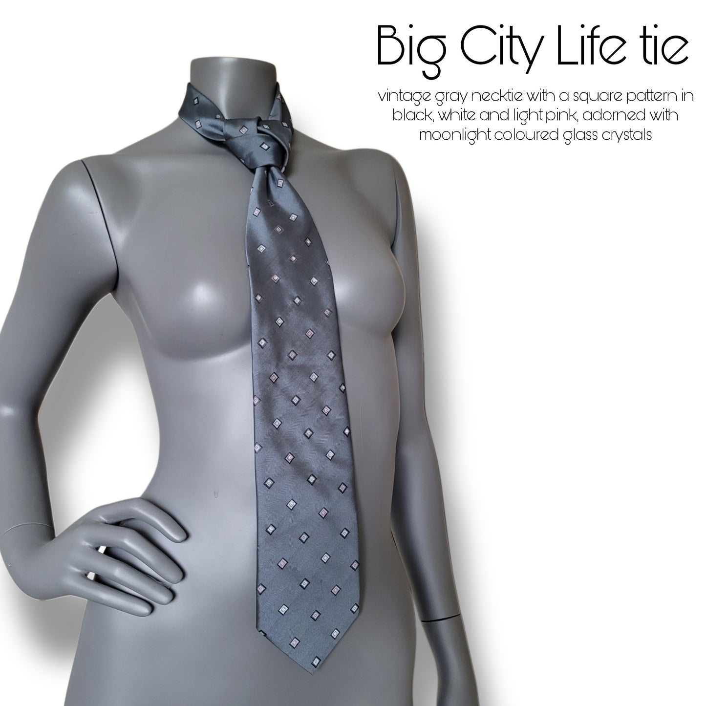 Another Dance collection: Big City Life tie, gray retro polyester necktie with square pattern in black, white and light pink with moonlight glass crystals