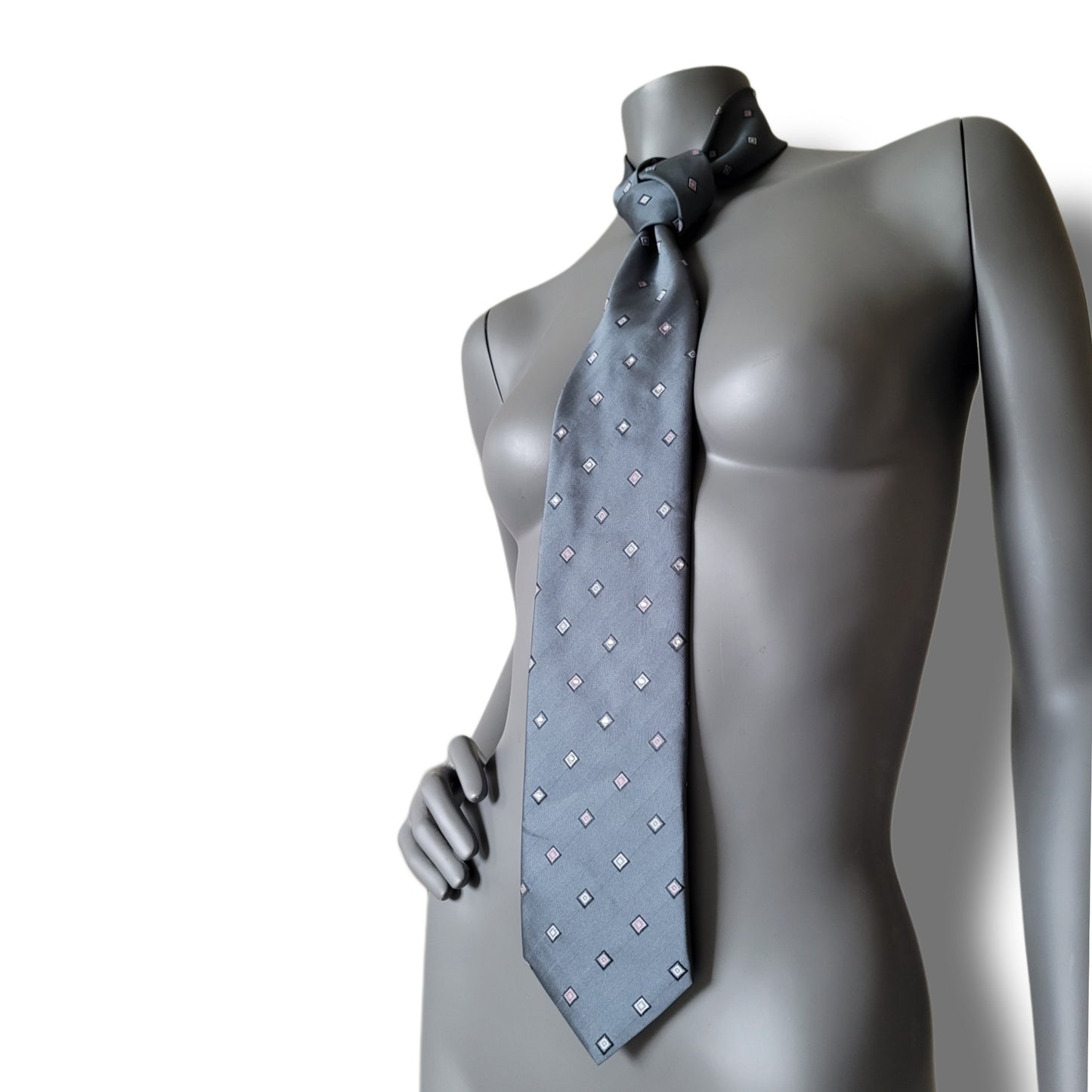 Another Dance collection: Big City Life tie, gray retro polyester necktie with square pattern in black, white and light pink with moonlight glass crystals