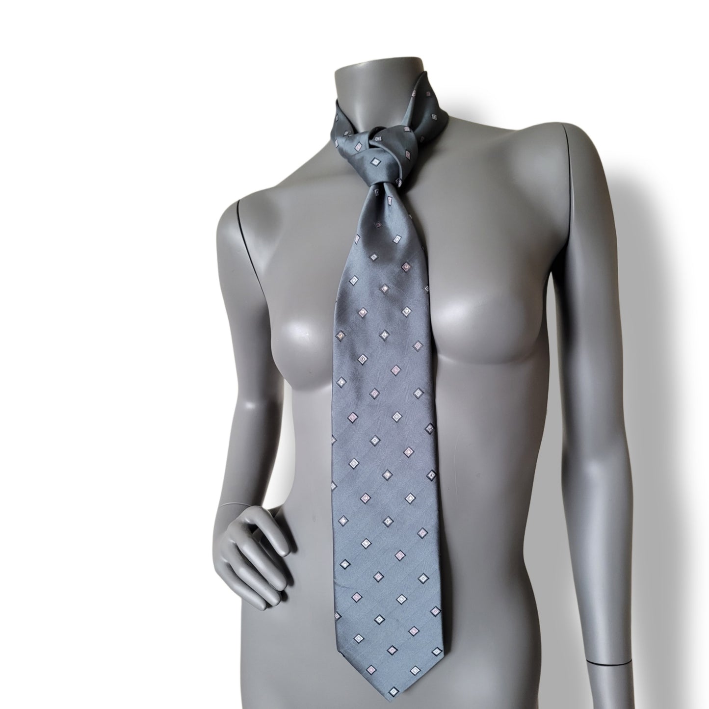Another Dance collection: Big City Life tie, gray retro polyester necktie with square pattern in black, white and light pink with moonlight glass crystals