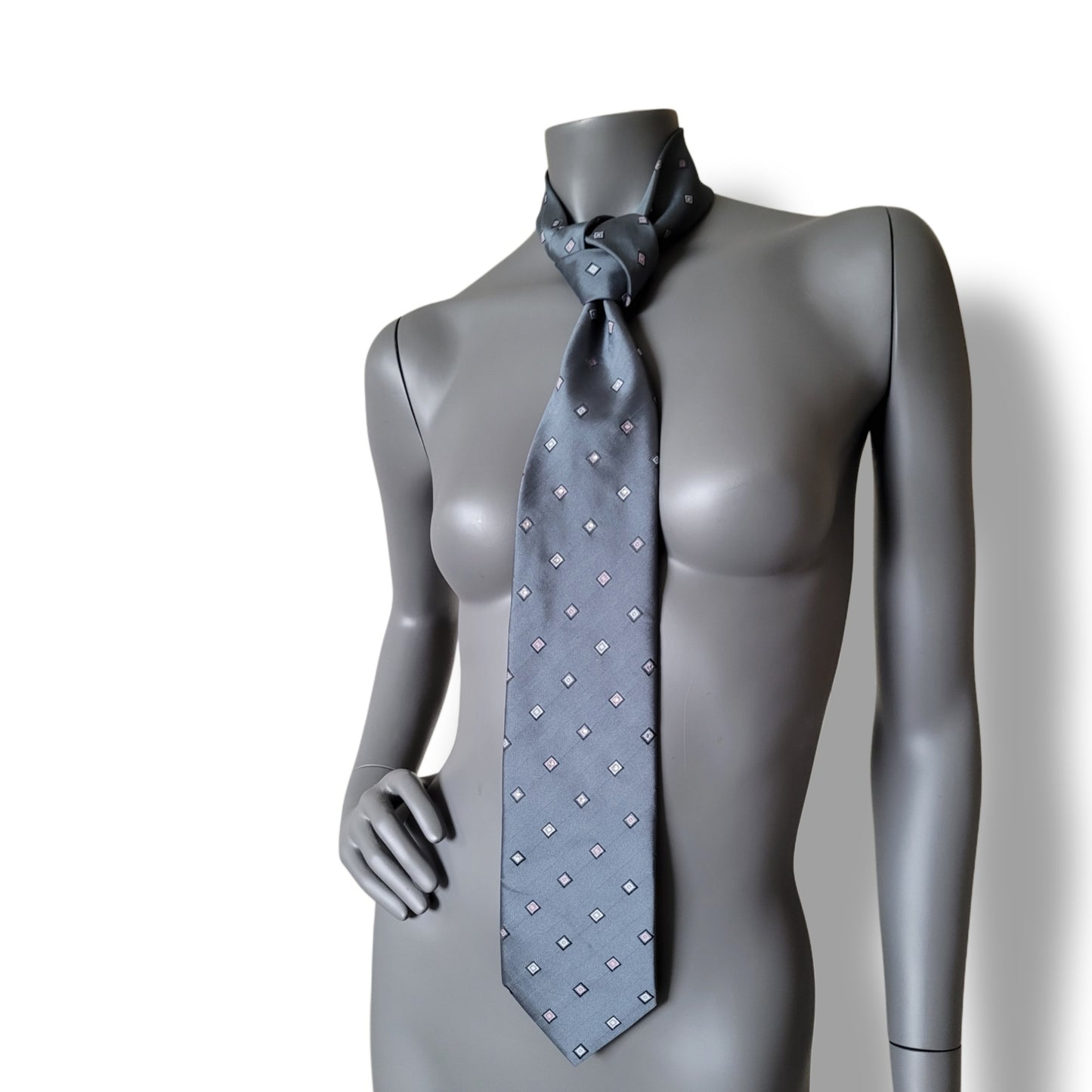 Another Dance collection: Big City Life tie, gray retro polyester necktie with square pattern in black, white and light pink with moonlight glass crystals