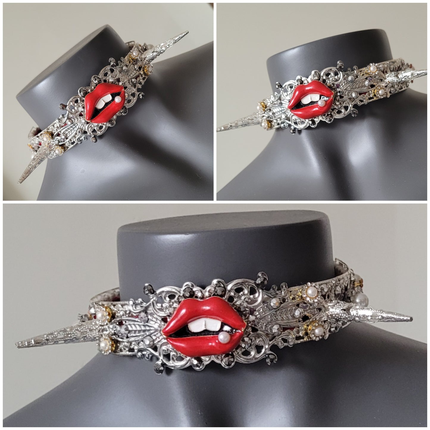 WhatEver collection: The Bite Me metal choker with red enamel lips adorned with a single pearl, two filigree spikes, faux pearls, rhinestones and high quality glass crystals