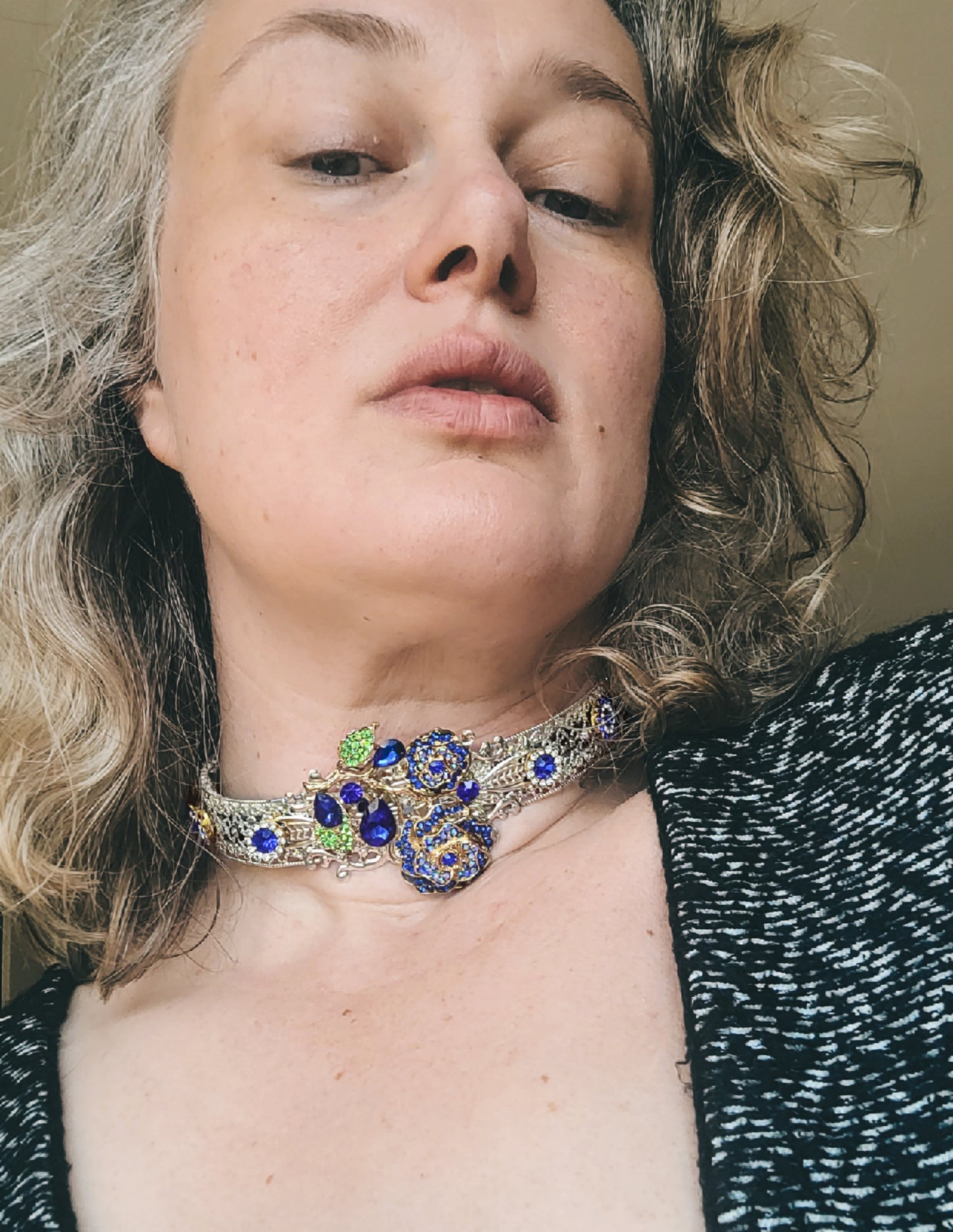 WhatEver collection: The Blaue Blume metal choker with a crystal encrusted blue flower and glass crystals