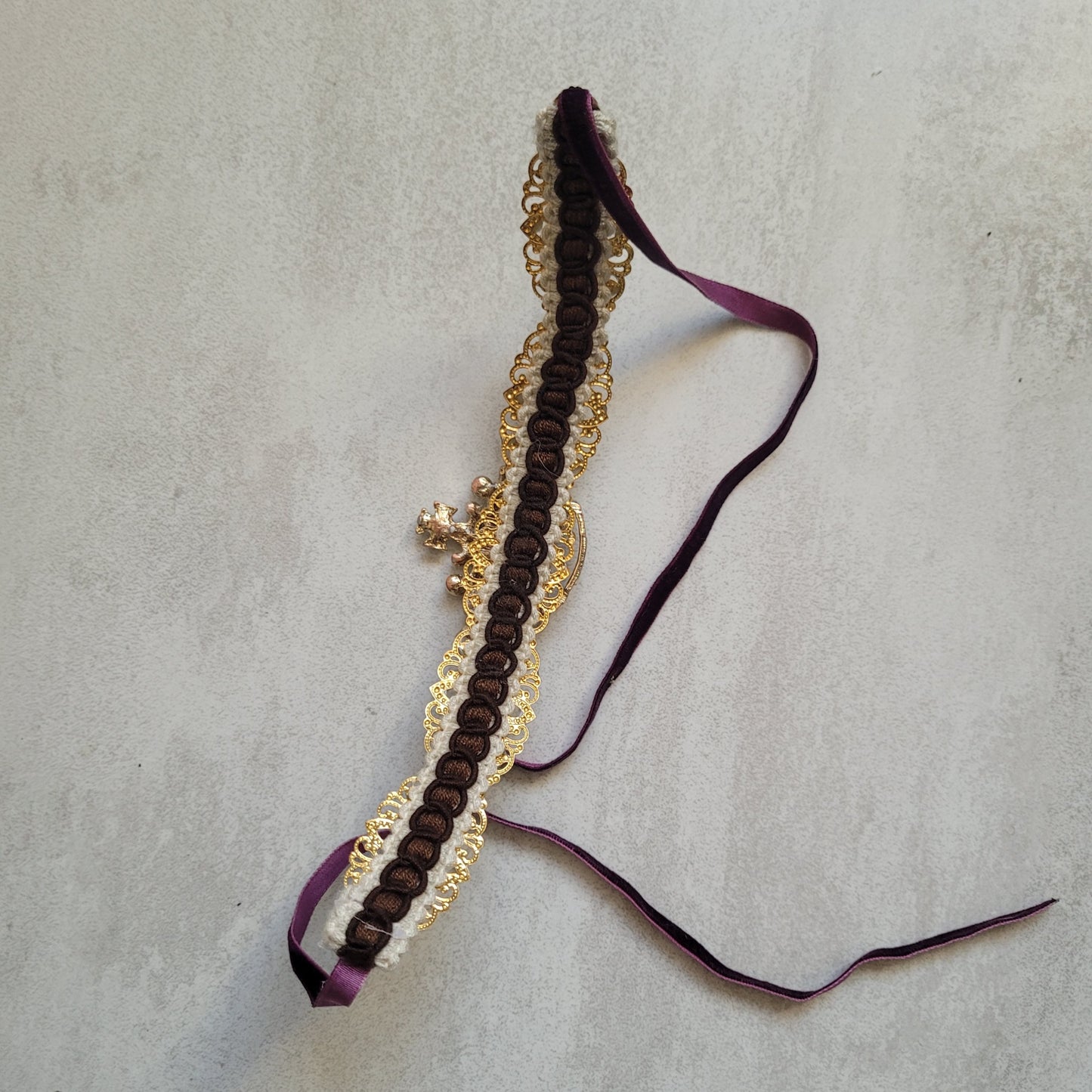 WhatEver collection: The Bow To Me metal choker with a crystal encrusted tiara crown with amethyst coloured crystals, faux pearls and hight quality glass crystals