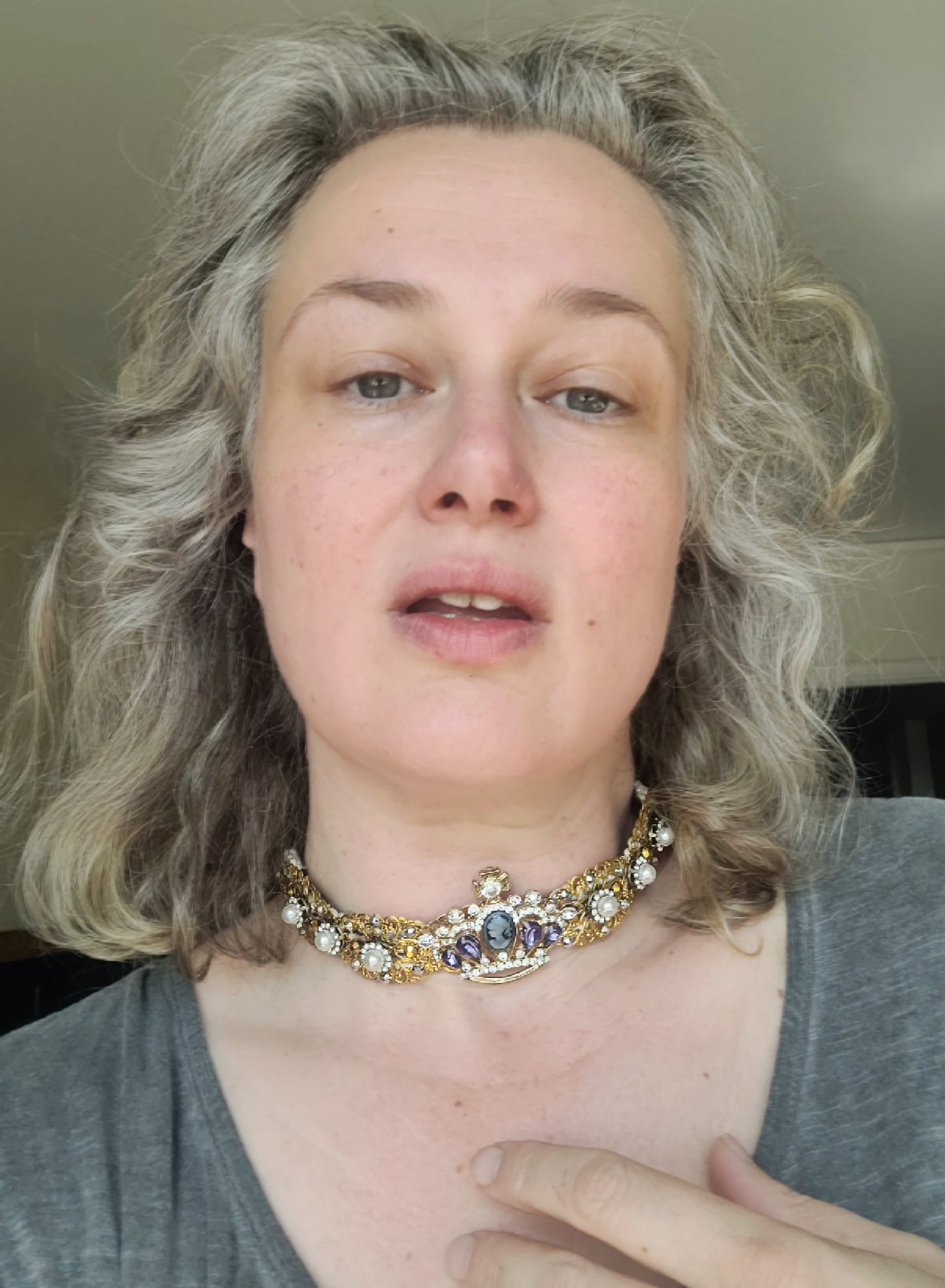 WhatEver collection: The Bow To Me metal choker with a crystal encrusted tiara crown with amethyst coloured crystals, faux pearls and hight quality glass crystals