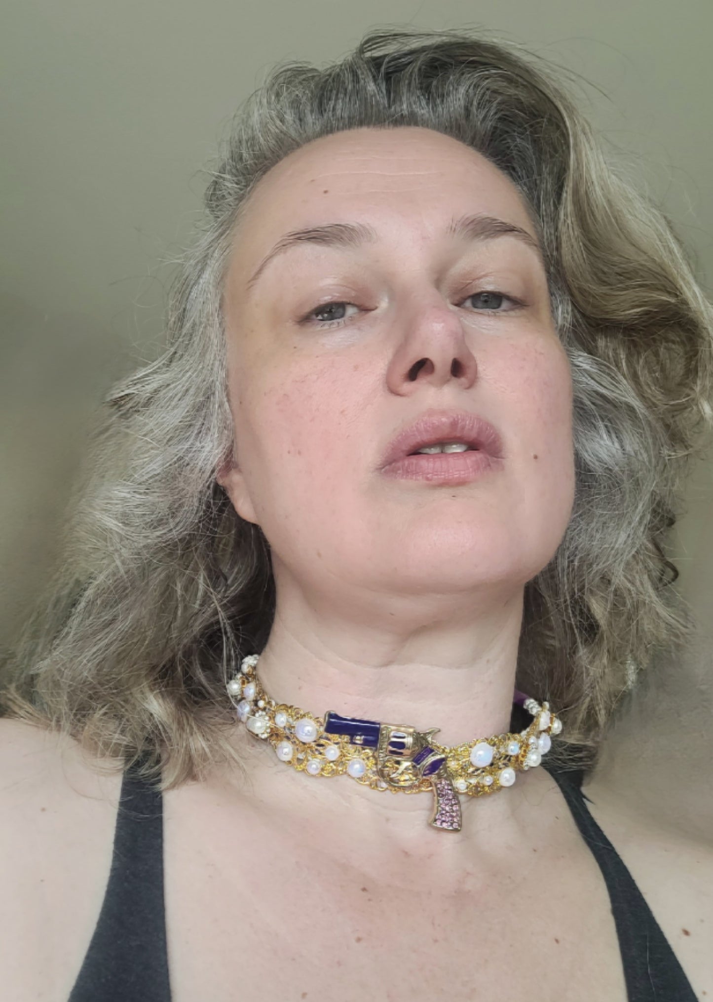 WhatEver collection: The Bubblegun Dreams metal choker with a purple revolver and faux irredecent pearls