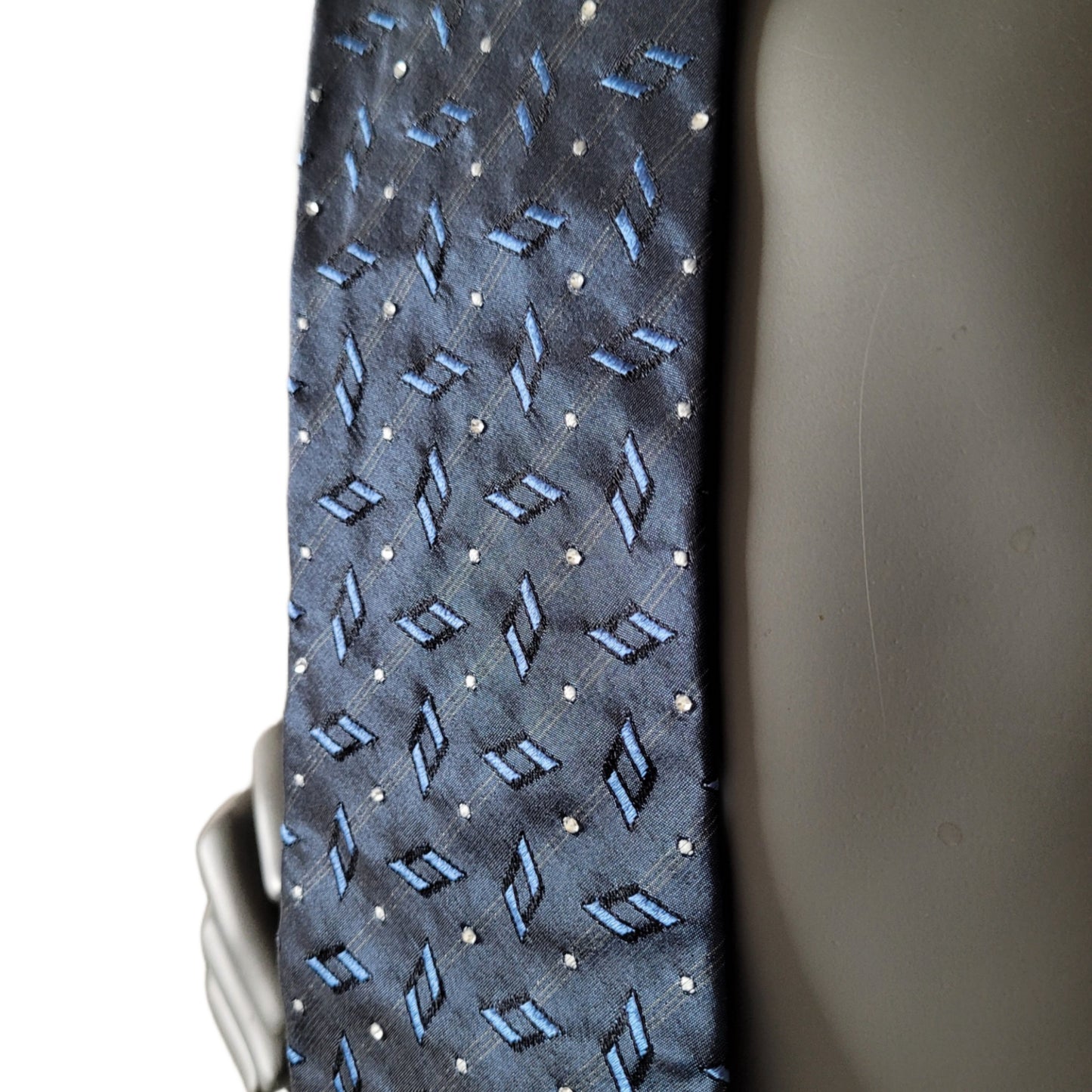 Another Dance collection: City Lights tie, vintage dark blue silk necktie with white dots, geometrical pattern and clear glass crystals