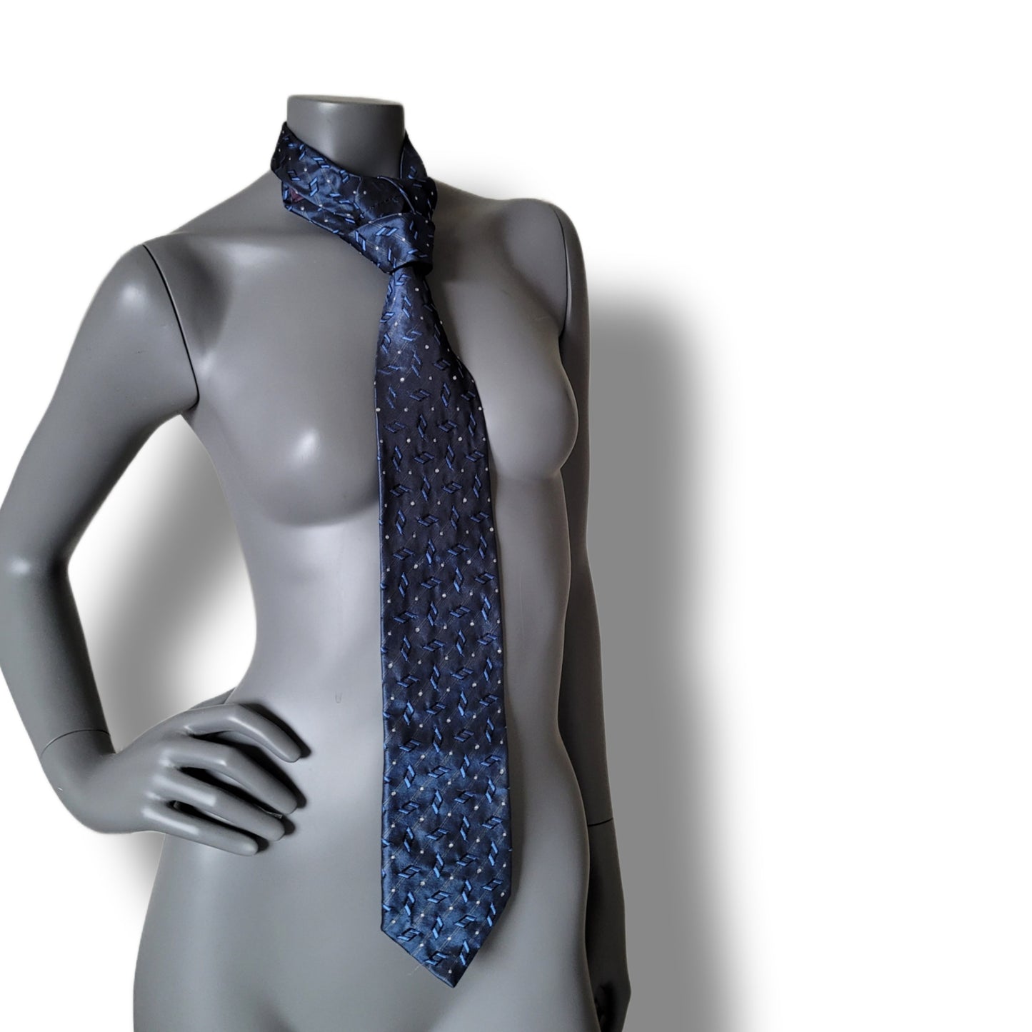Another Dance collection: City Lights tie, vintage dark blue silk necktie with white dots, geometrical pattern and clear glass crystals