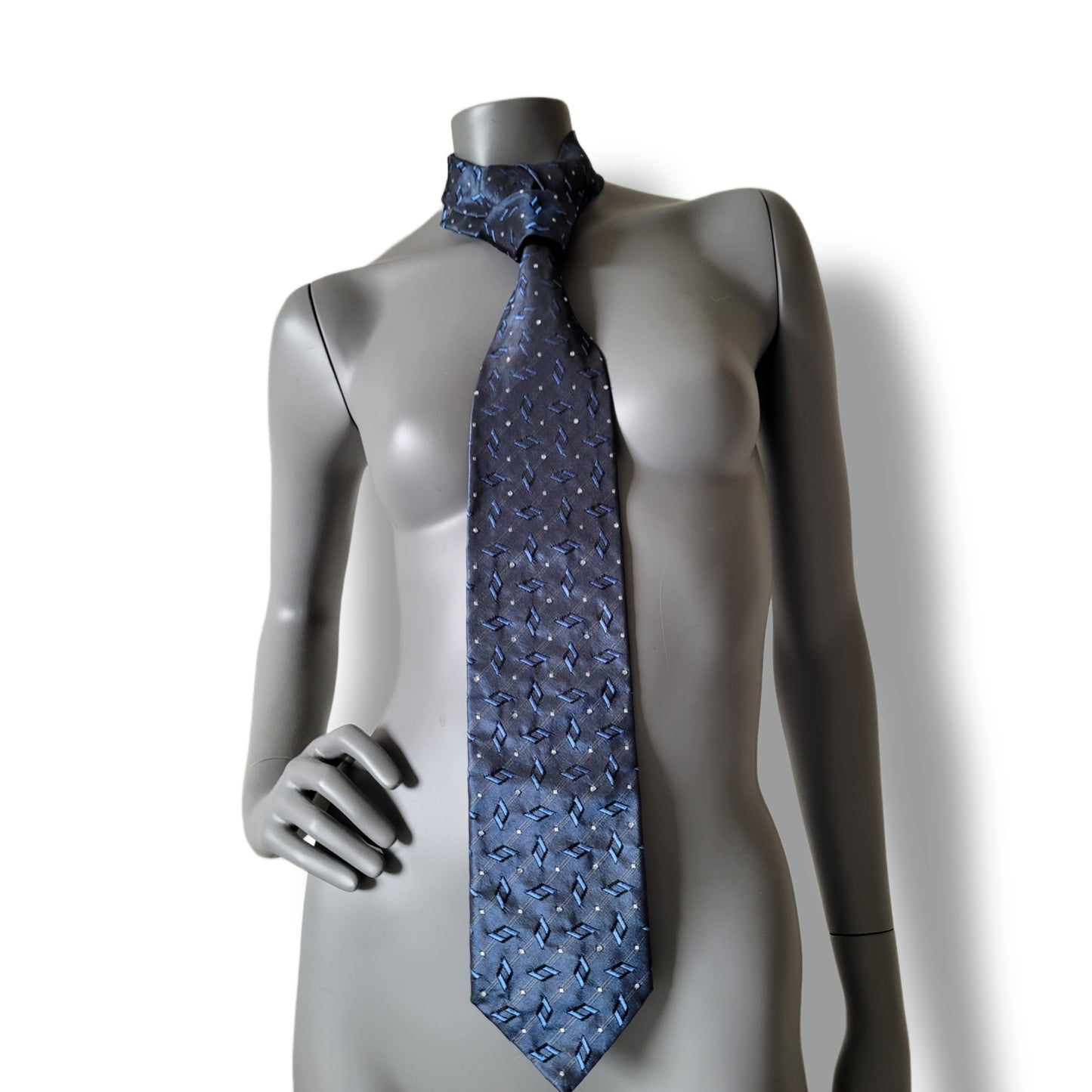 Another Dance collection: City Lights tie, vintage dark blue silk necktie with white dots, geometrical pattern and clear glass crystals