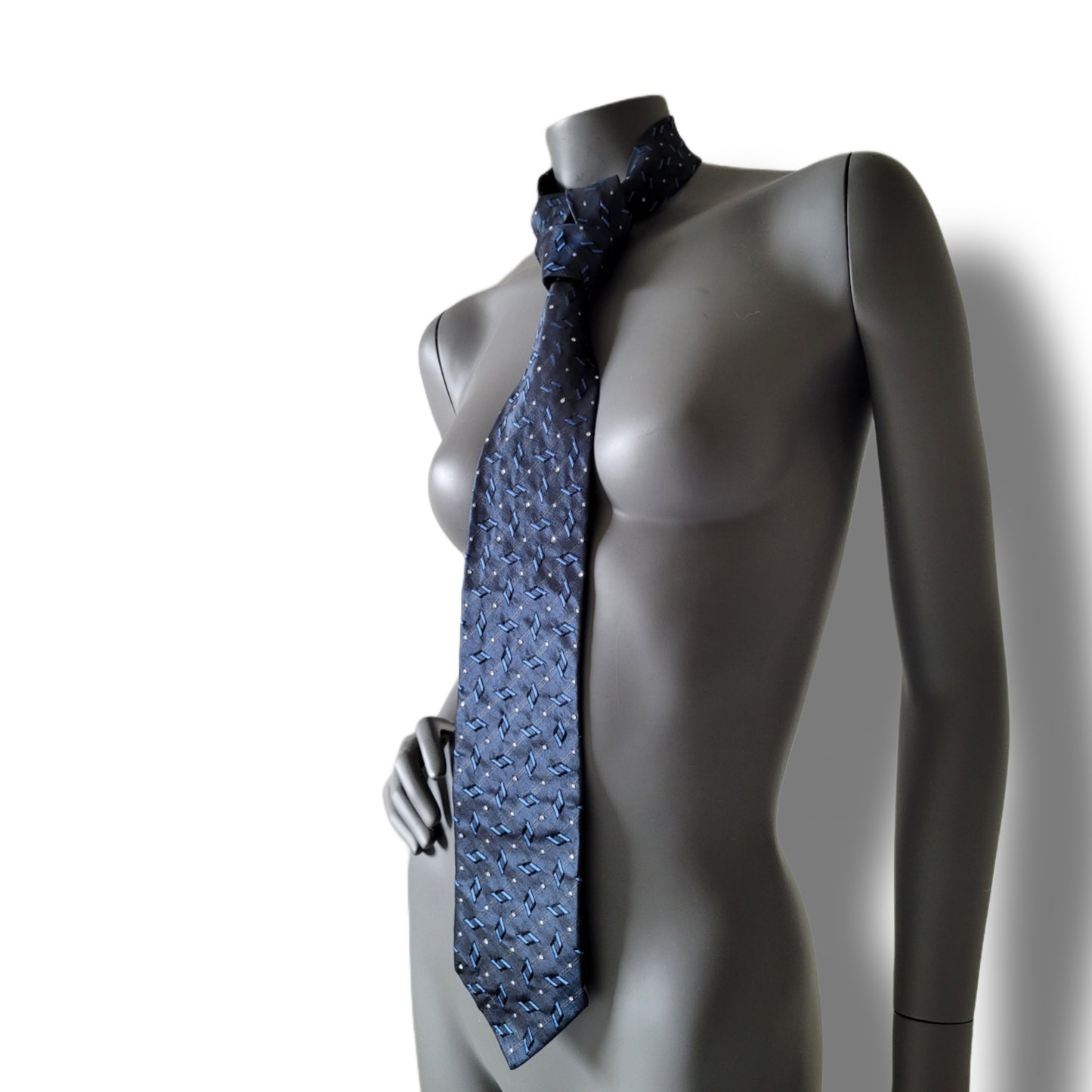 Another Dance collection: City Lights tie, vintage dark blue silk necktie with white dots, geometrical pattern and clear glass crystals