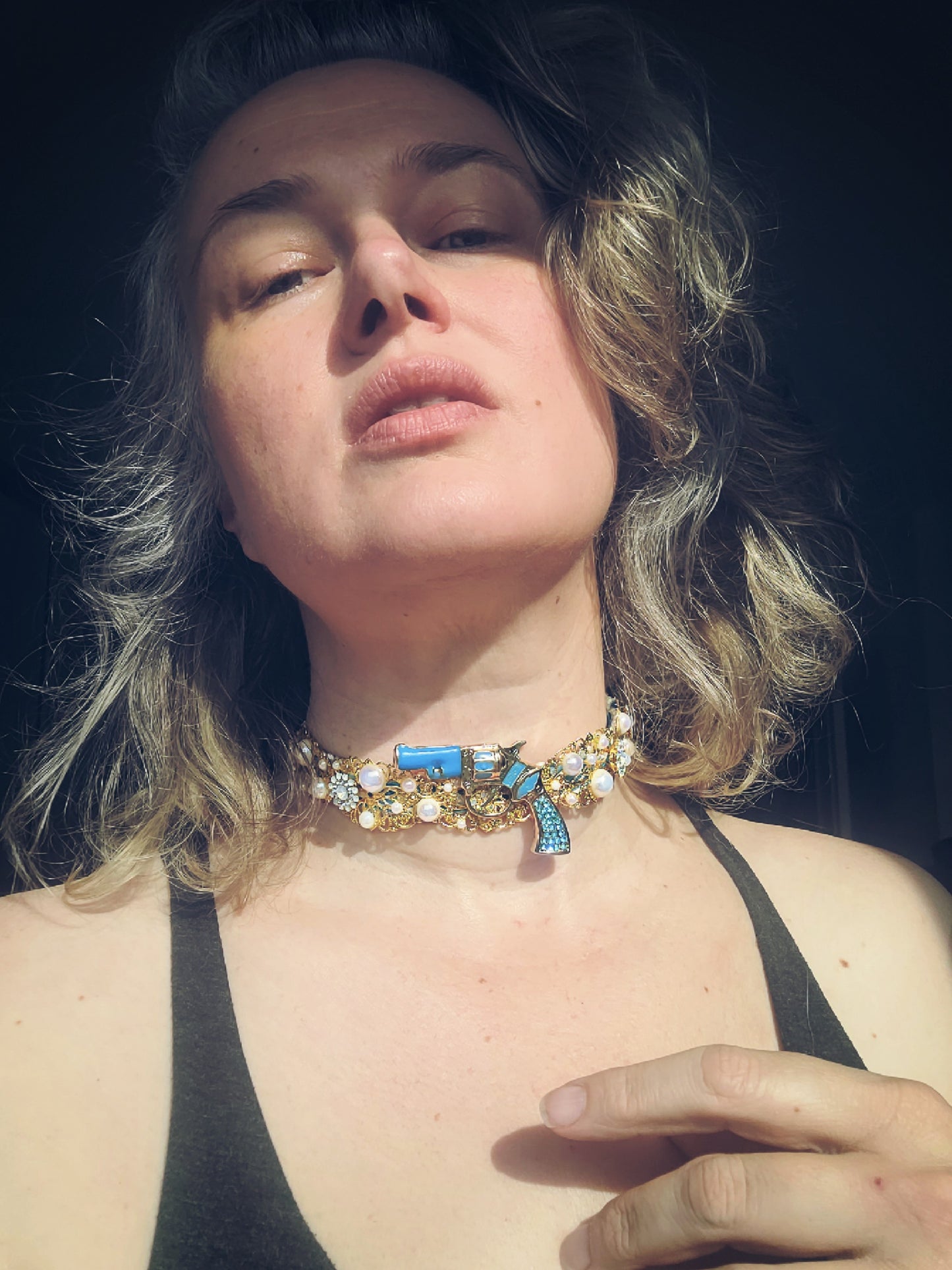 WhatEver collection: The Count Your Blessings metal choker with a turquoise blue revolver and faux irredecent pearls