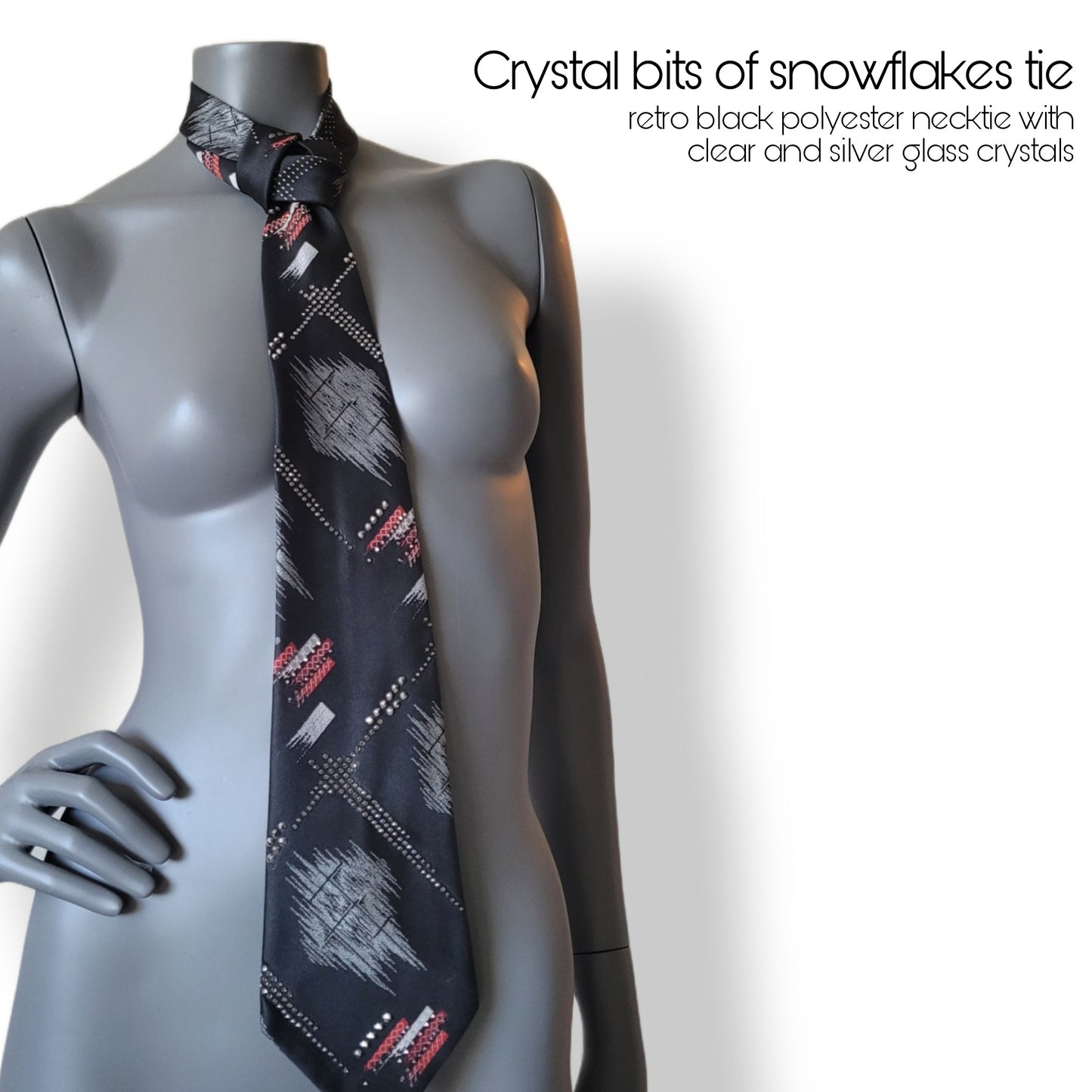 Another Dance collection: Crystal bits of Snowflakes tie, retro 70's polyester necktie with abstract geometrical pattern adorned with clear, silver and gun metal glass crystals
