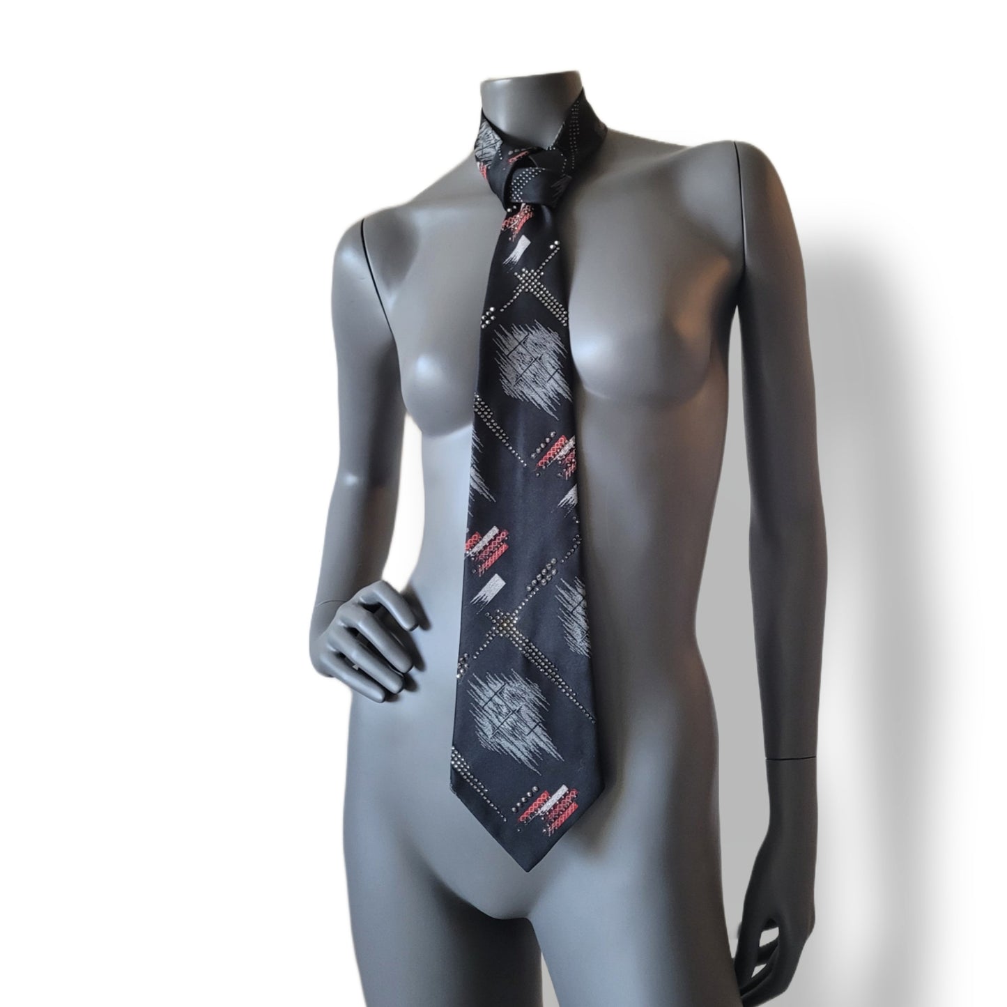 Another Dance collection: Crystal bits of Snowflakes tie, retro 70's polyester necktie with abstract geometrical pattern adorned with clear, silver and gun metal glass crystals