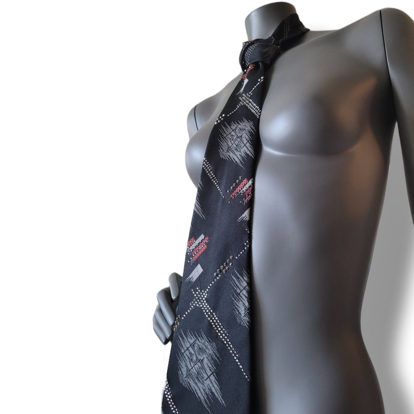 Another Dance collection: Crystal bits of Snowflakes tie, retro 70's polyester necktie with abstract geometrical pattern adorned with clear, silver and gun metal glass crystals