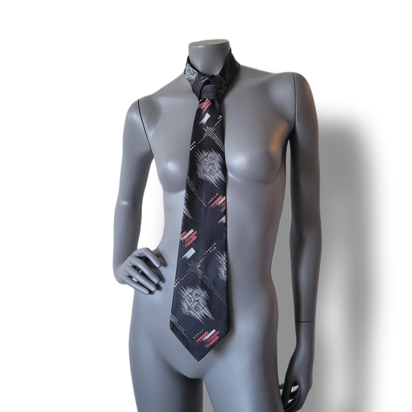 Another Dance collection: Crystal bits of Snowflakes tie, retro 70's polyester necktie with abstract geometrical pattern adorned with clear, silver and gun metal glass crystals