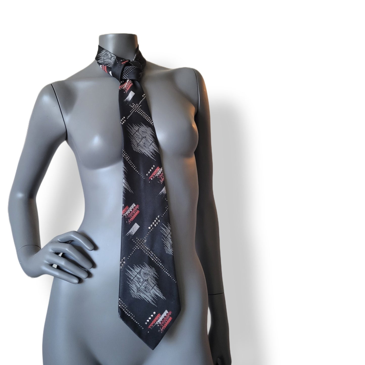 Another Dance collection: Crystal bits of Snowflakes tie, retro 70's polyester necktie with abstract geometrical pattern adorned with clear, silver and gun metal glass crystals