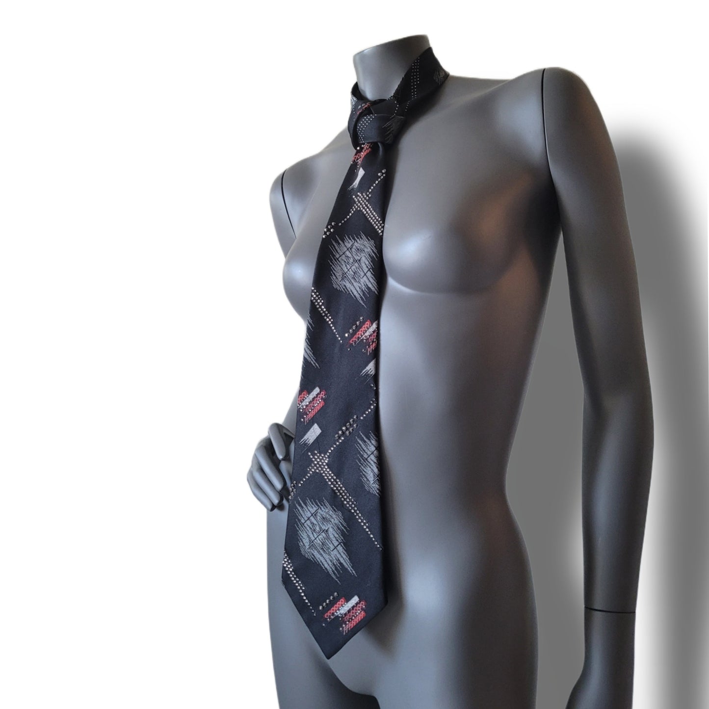 Another Dance collection: Crystal bits of Snowflakes tie, retro 70's polyester necktie with abstract geometrical pattern adorned with clear, silver and gun metal glass crystals