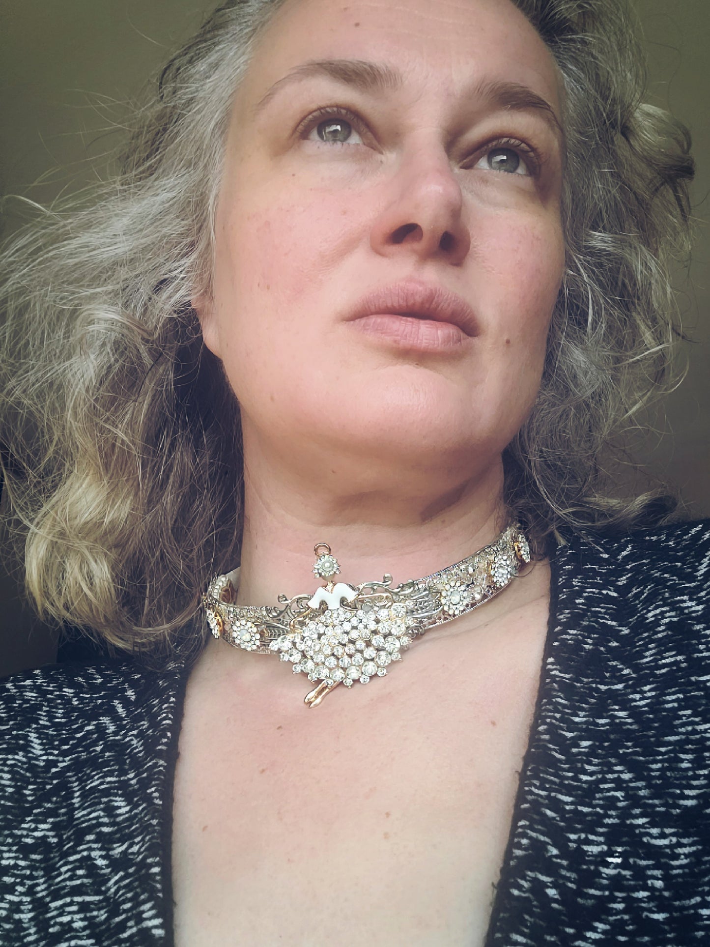 WhatEver collection: The Dance for Me metal choker with a crystal encrusted dancing girl in white with dangling/moving feet, and high quality glass crystals