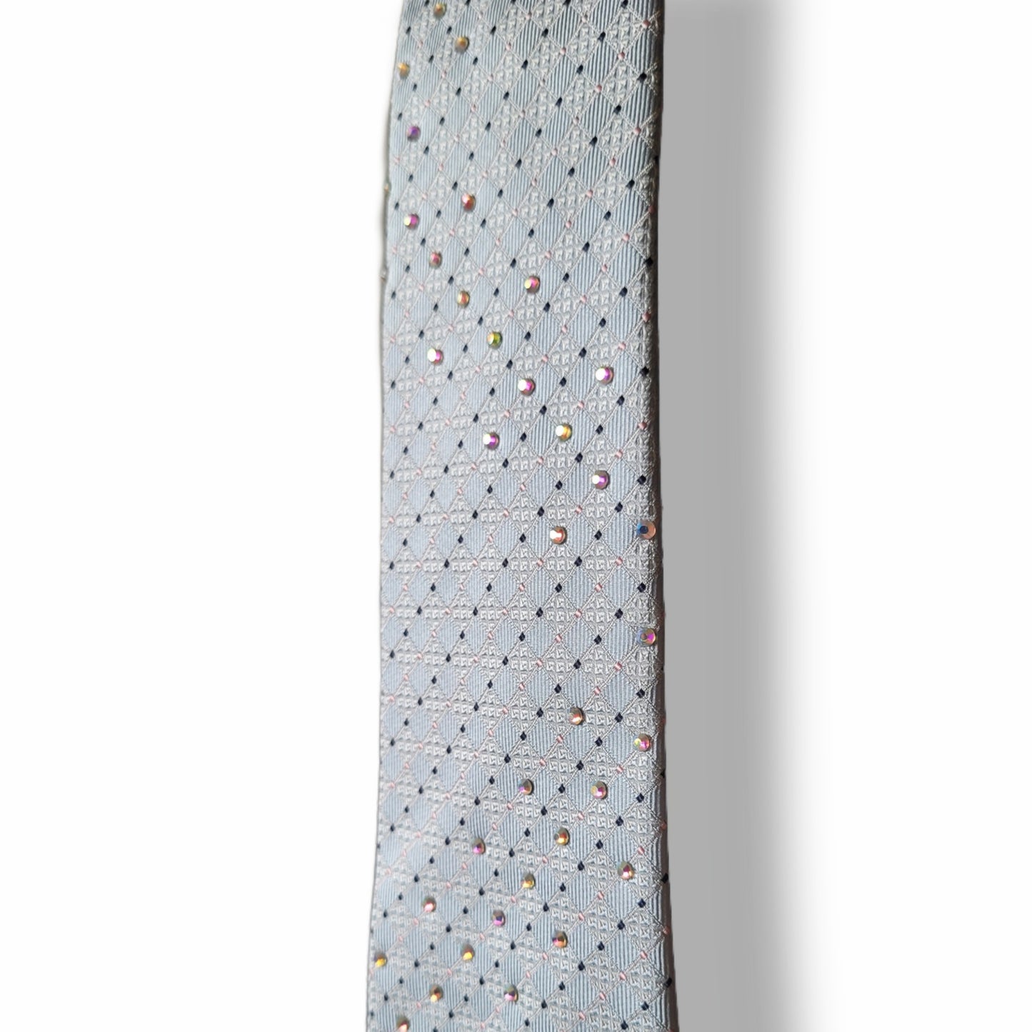 Another Dance collection: Diamonds in the Sky tie, vintage light blue silk necktie with irredecent glass crystals in zig zag pattern