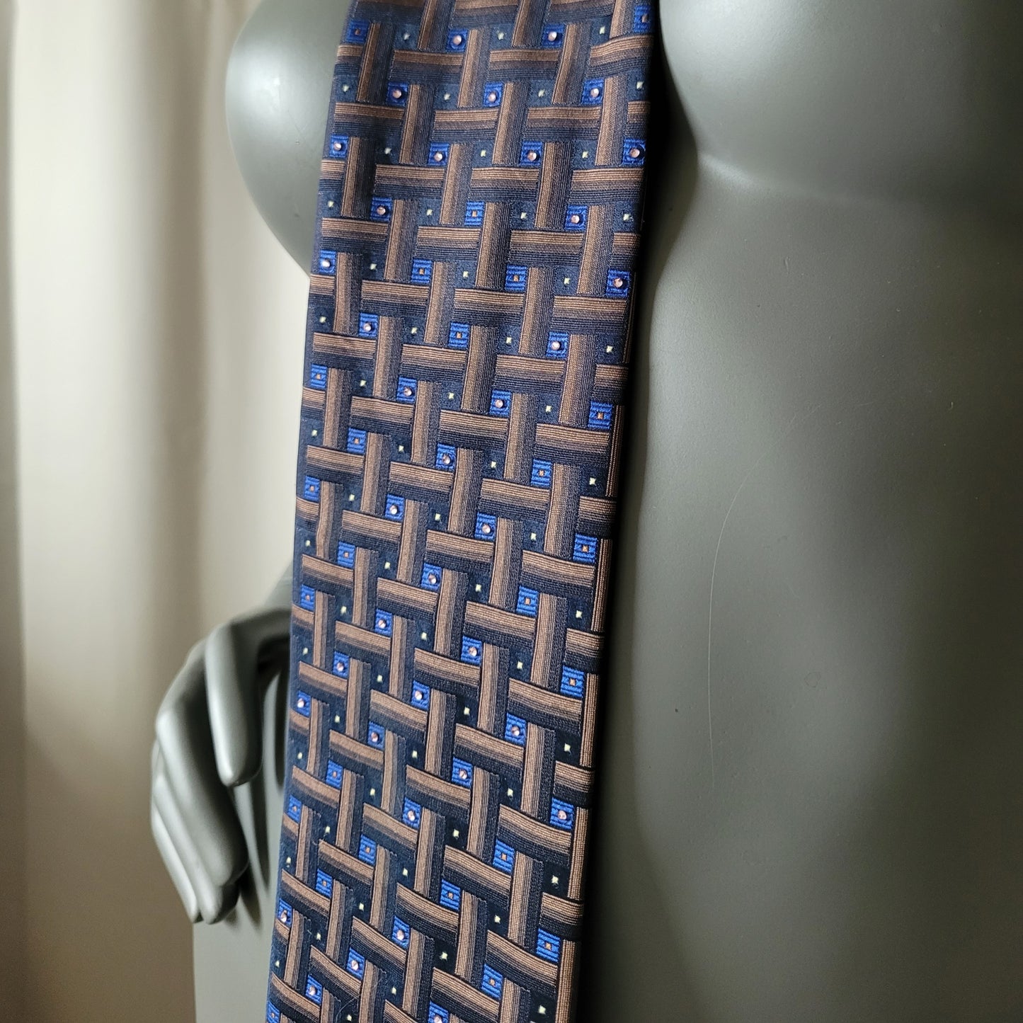Another Dance collection: Electro Glide in Blue tie, vintage dark blue, bronze and black necktie with geometrical pattern and glass crystals