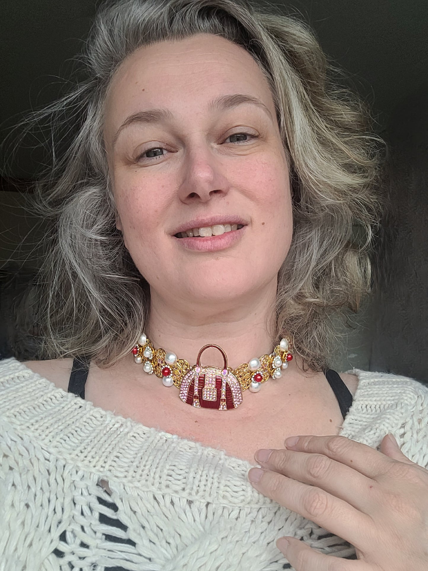 WhatEver collection: The Girl's Best Friend metal choker with a crystal encrusted red and pink handbag, faux pearls and hight quality glass crystals
