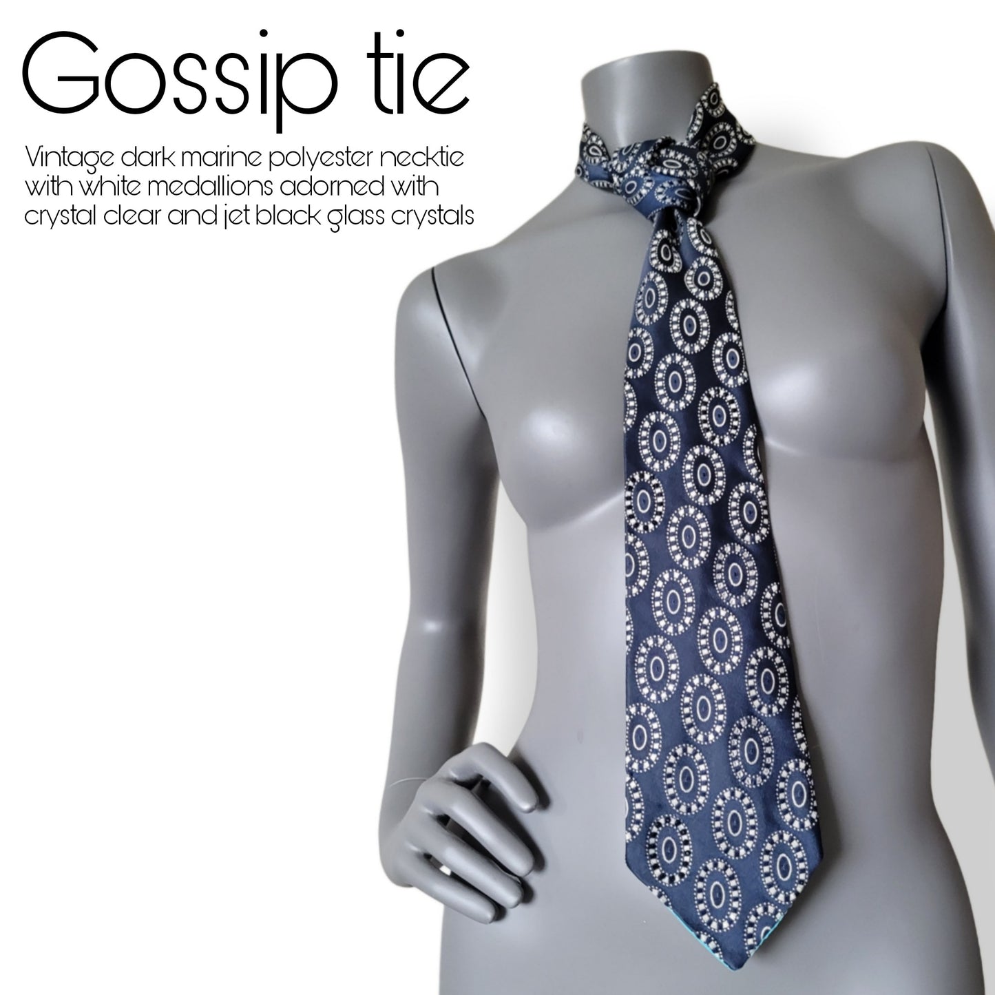 Another Dance collection: Gossip tie, dark navy necktie with white medallion pattern adorned with crystal clear and jet black glass crystals