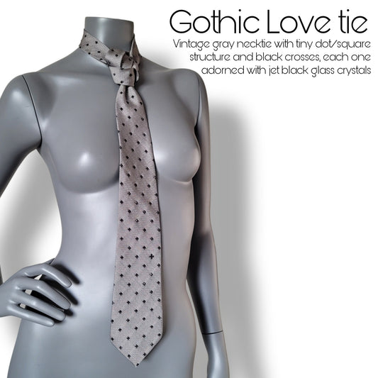 Another Dance collection: Gothic Love tie, vintage gray silk necktie with small crosses adorned with shimmering jet black glass crystals