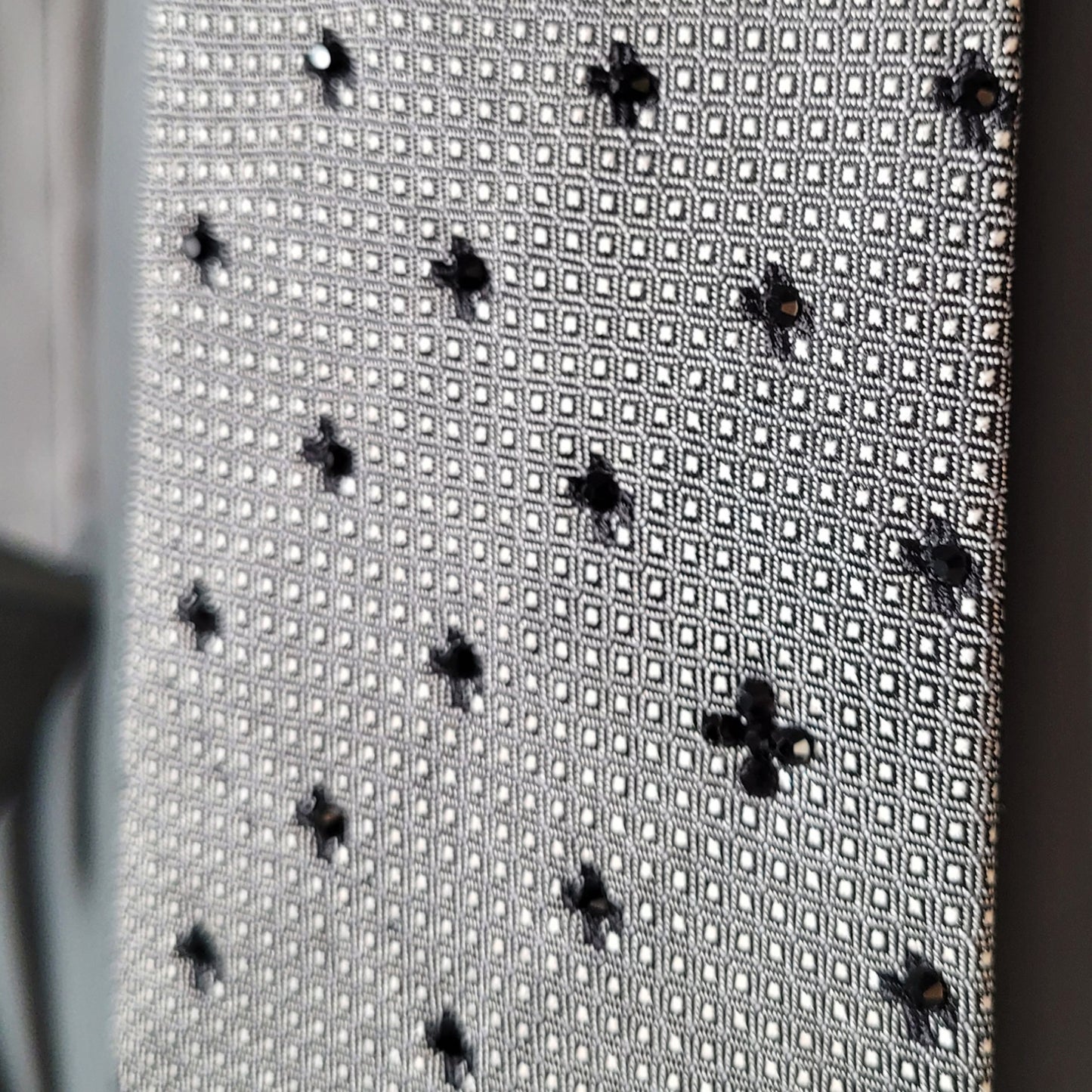 Another Dance collection: Gothic Love tie, vintage gray silk necktie with small crosses adorned with shimmering jet black glass crystals