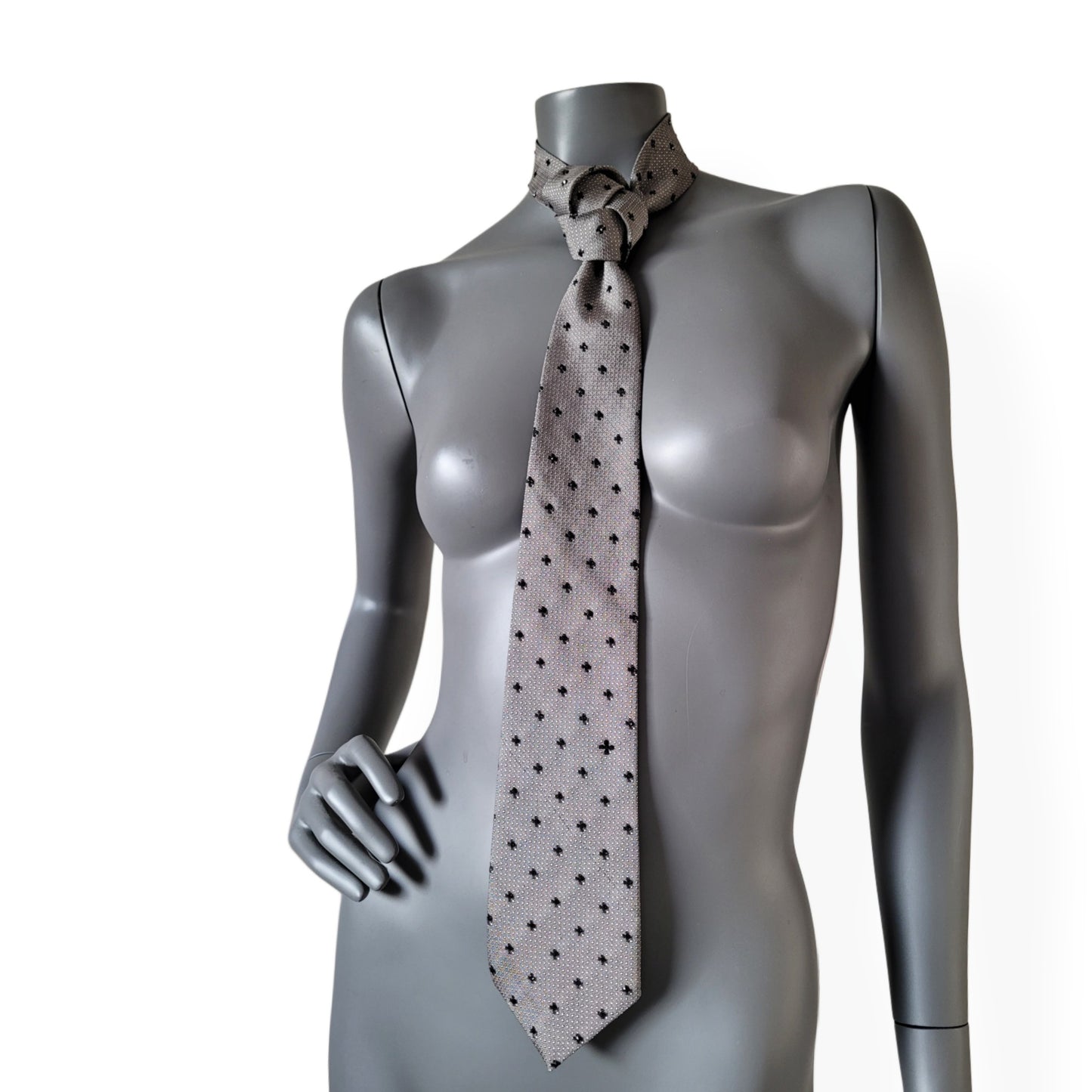 Another Dance collection: Gothic Love tie, vintage gray silk necktie with small crosses adorned with shimmering jet black glass crystals