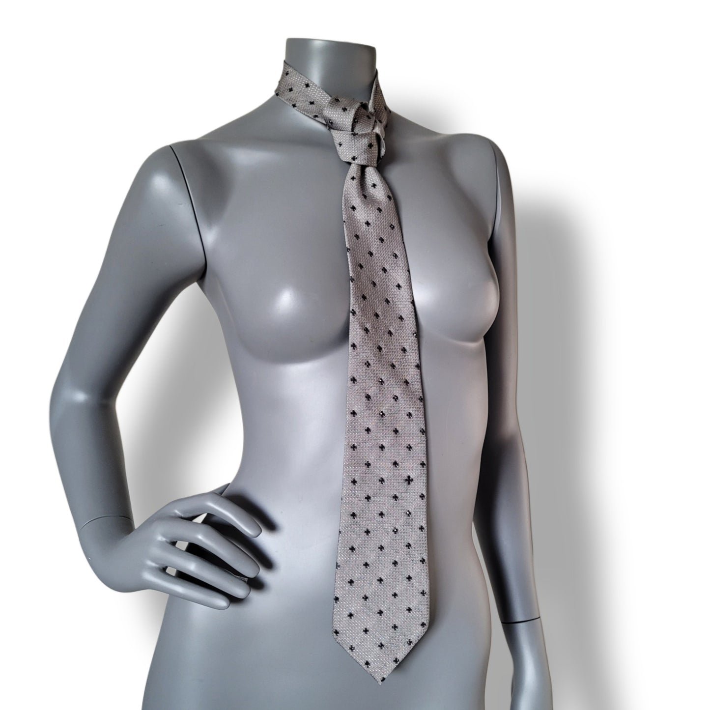 Another Dance collection: Gothic Love tie, vintage gray silk necktie with small crosses adorned with shimmering jet black glass crystals