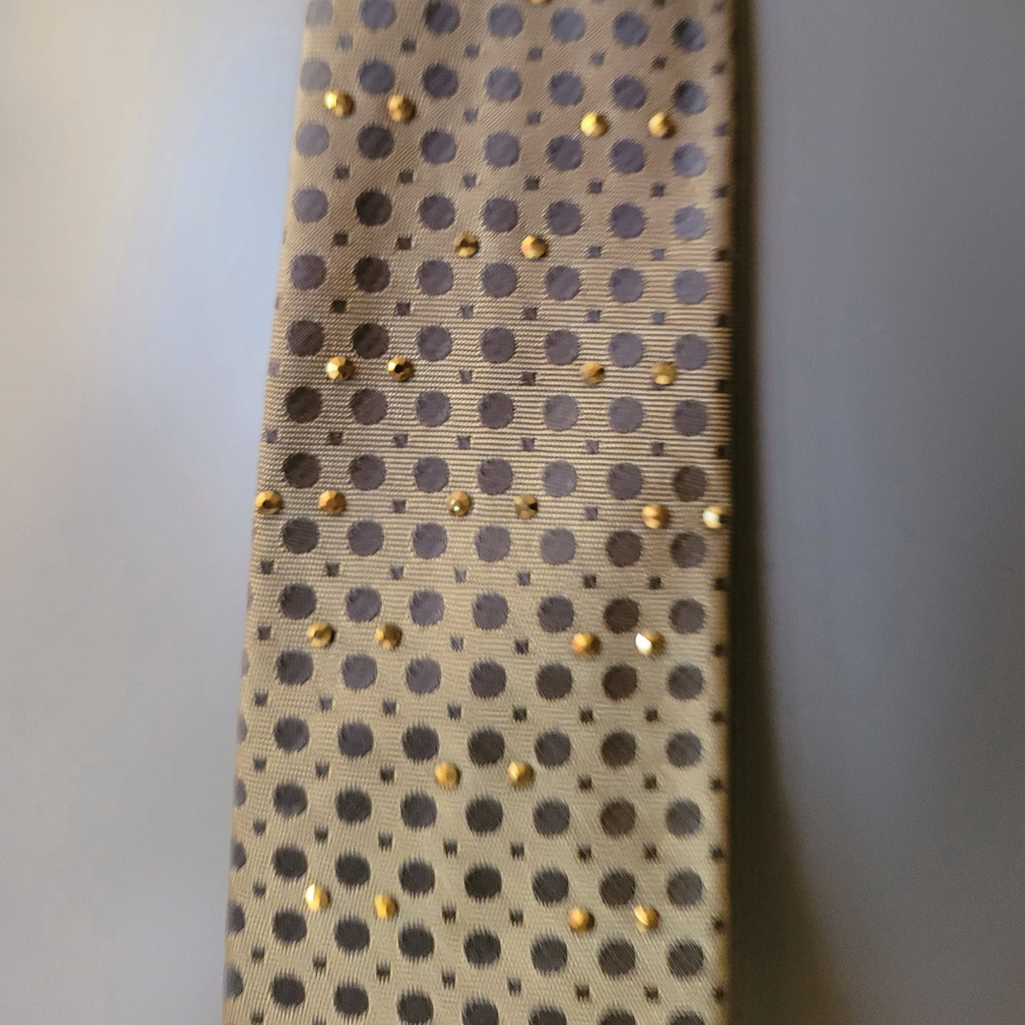 Another Dance collection: Green Onions tie, retro slim late original 60's early 70's synthetic necktie in an olive green shade with darker dots adorned with shimmering golden glass crystals
