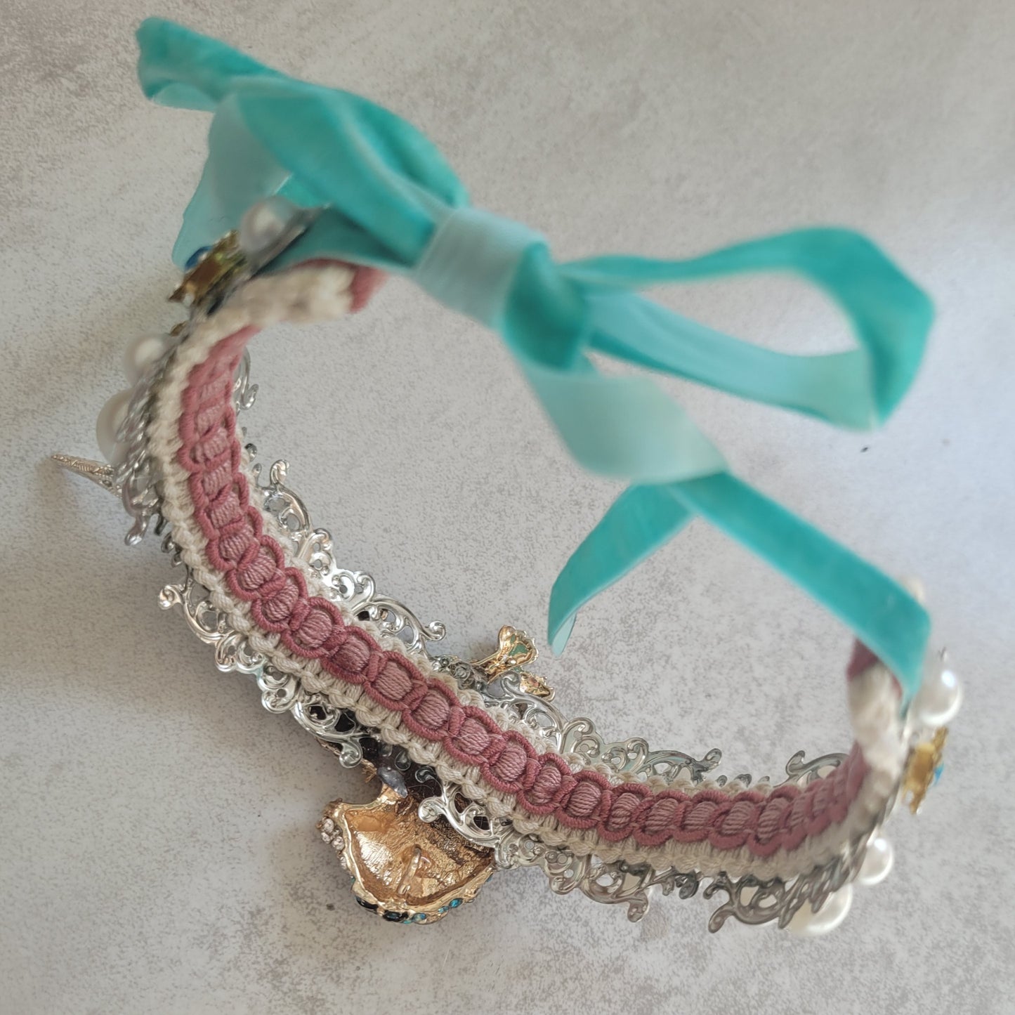 WhatEver collection: The Hear Me Roar metal choker with a crystal encrusted white and blue lion, spikes, faux pearls, rhinestones and glass crystals (update photos before launch)