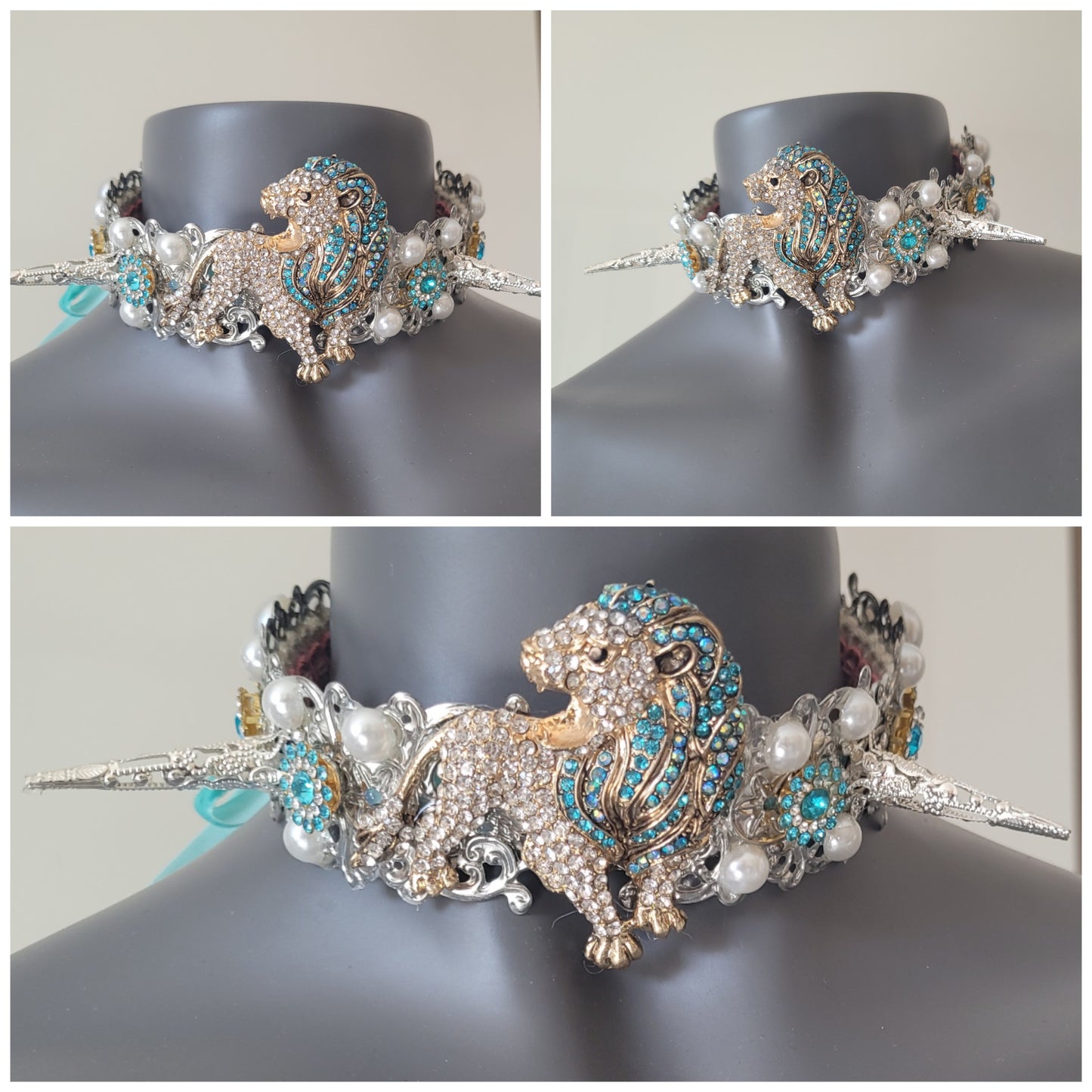 WhatEver collection: The Hear Me Roar metal choker with a crystal encrusted white and blue lion, spikes, faux pearls, rhinestones and glass crystals (update photos before launch)