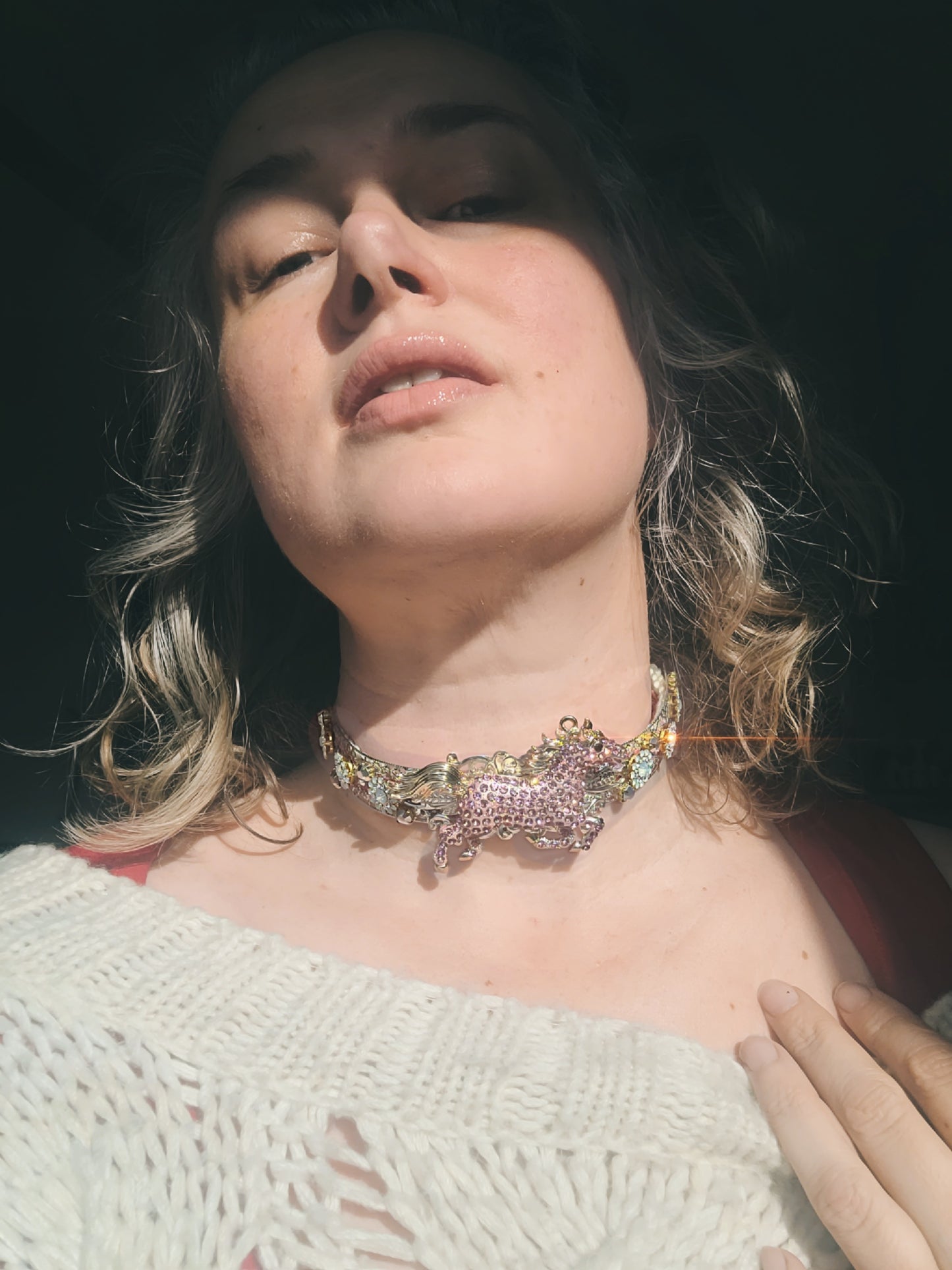 WhatEver collection: The Hold Your Horses metal choker with a running pink horse and high quality glass crystals