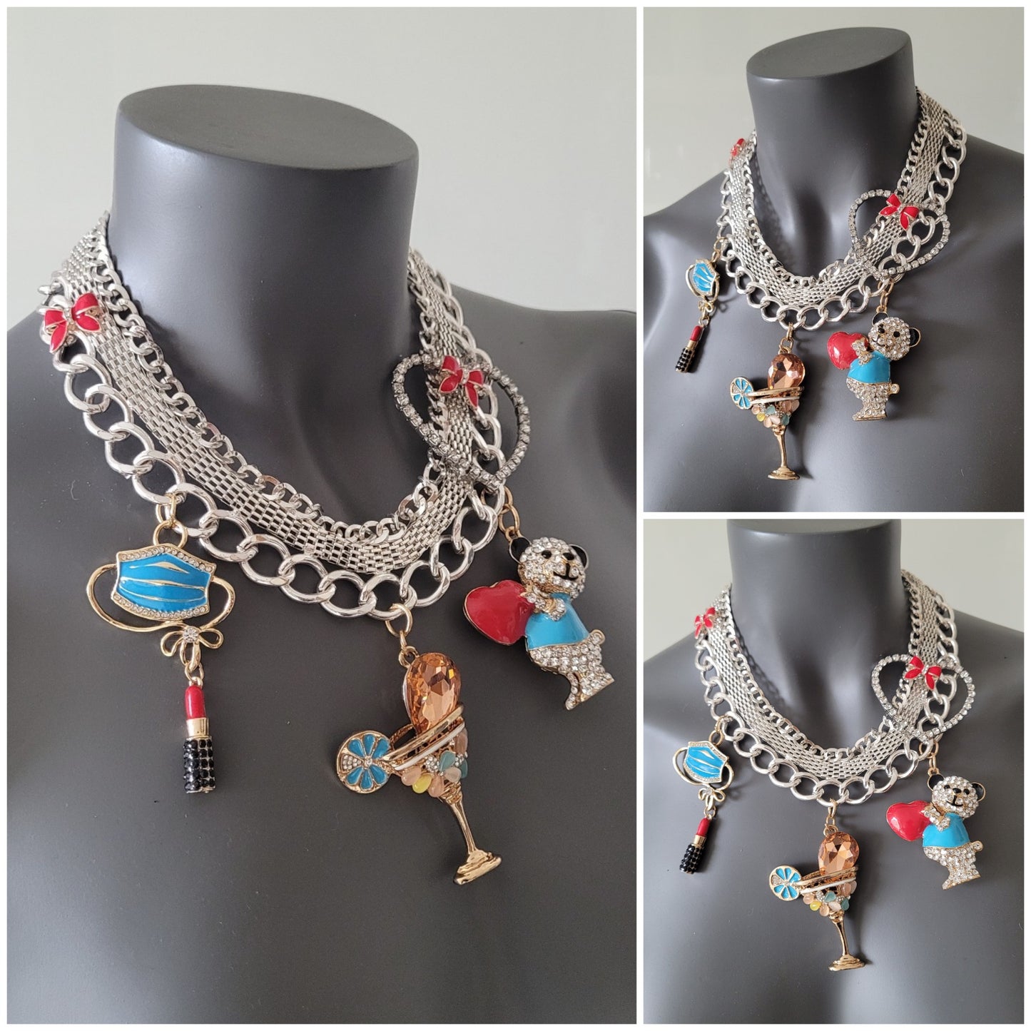 WhatEver collection: The Home Party metal necklace in silver coloured metal adorned with a crystal heart, red ribbons, and various crystal encrusted pendants including a face mask, lipstick, bear holding a heart, and a drink