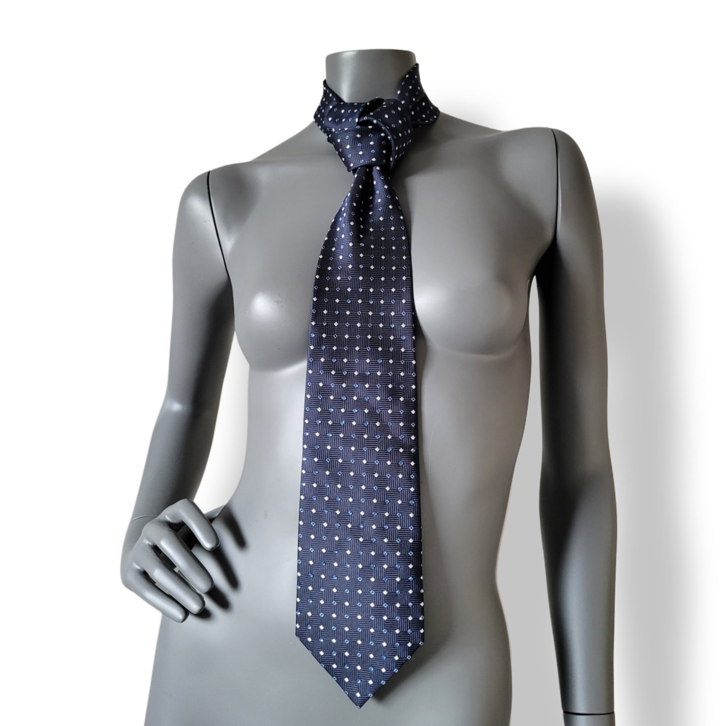 Another Dance collection: I Left My Home tie, vintage silk necktie in marine blue adorned with tiny white and light blue diamond shapes and light blue glass crystals