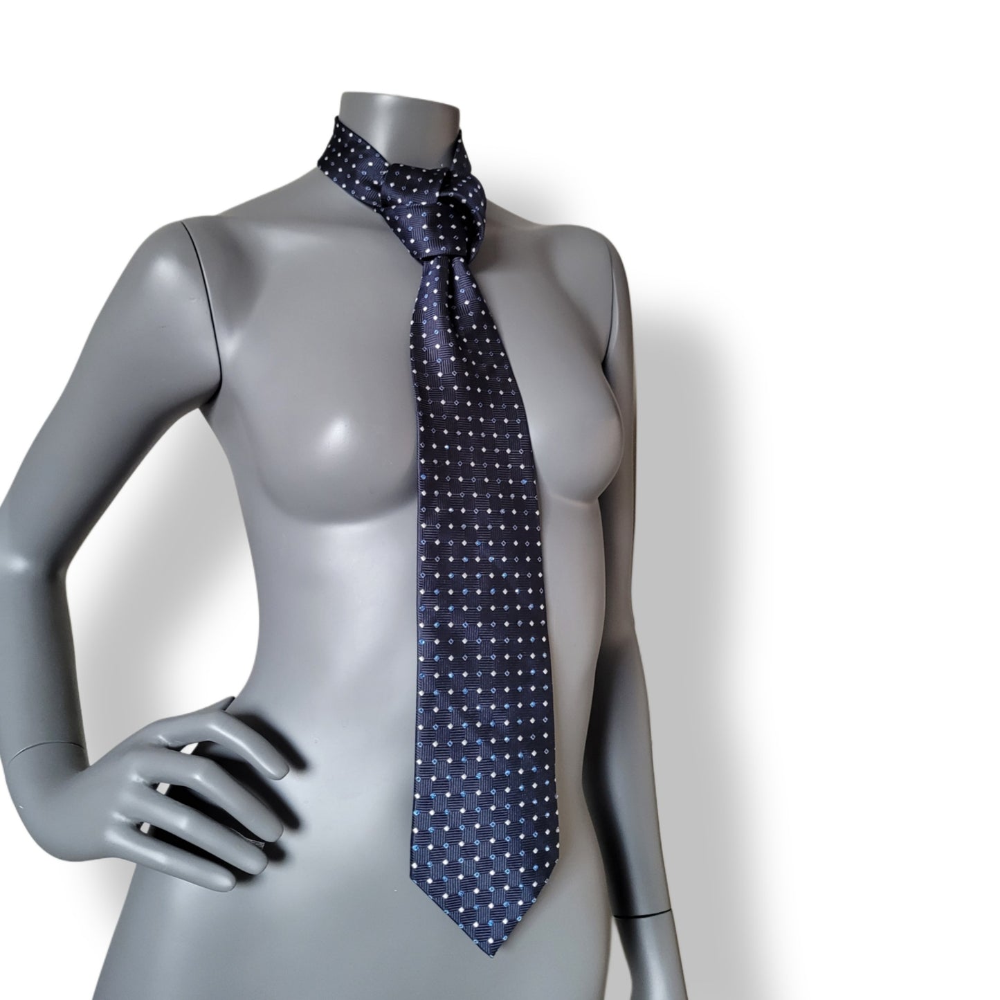 Another Dance collection: I Left My Home tie, vintage silk necktie in marine blue adorned with tiny white and light blue diamond shapes and light blue glass crystals