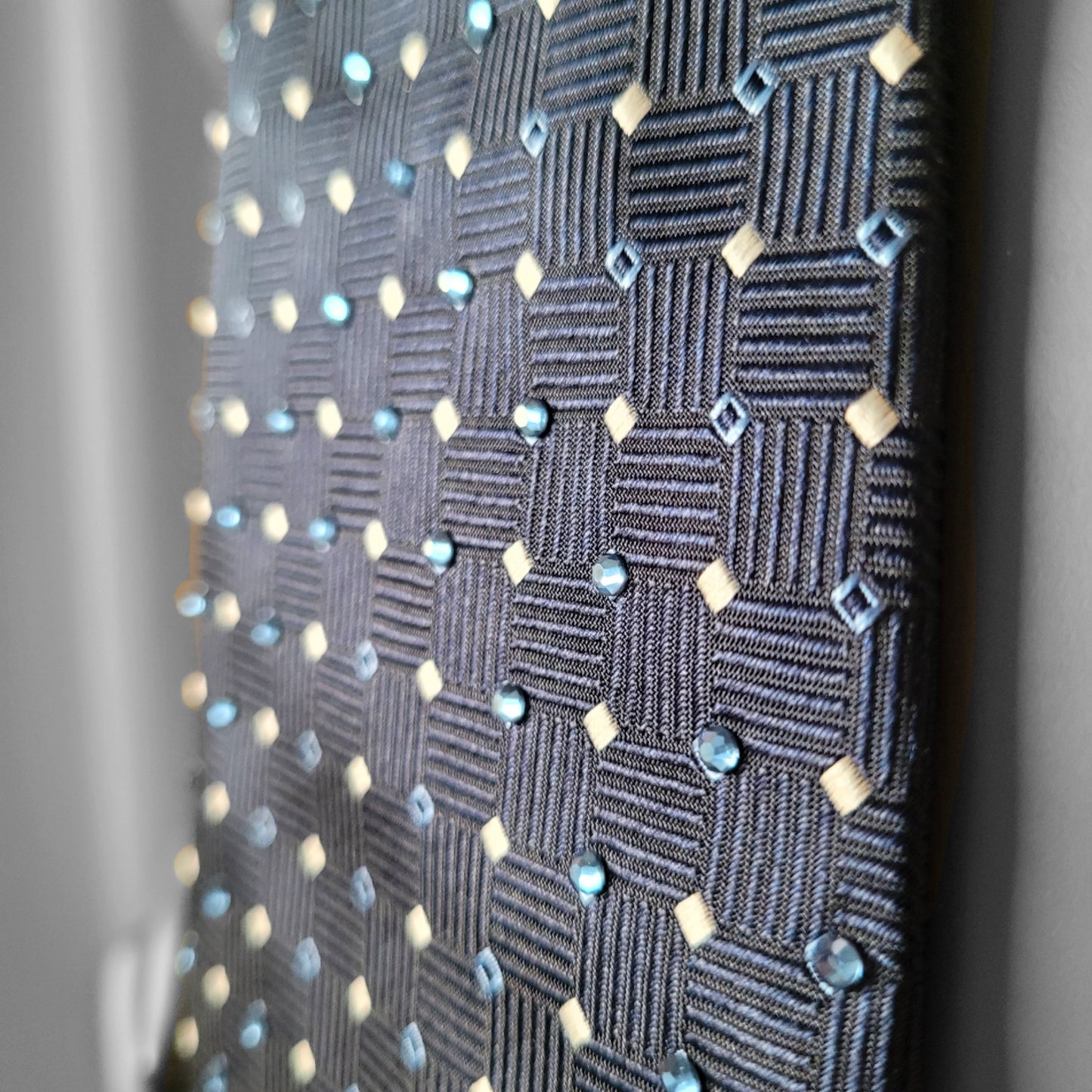 Another Dance collection: I Left My Home tie, vintage silk necktie in marine blue adorned with tiny white and light blue diamond shapes and light blue glass crystals