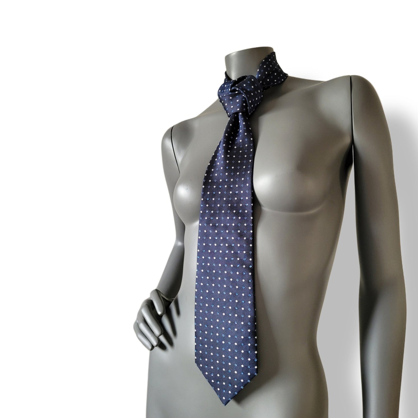 Another Dance collection: I Left My Home tie, vintage silk necktie in marine blue adorned with tiny white and light blue diamond shapes and light blue glass crystals