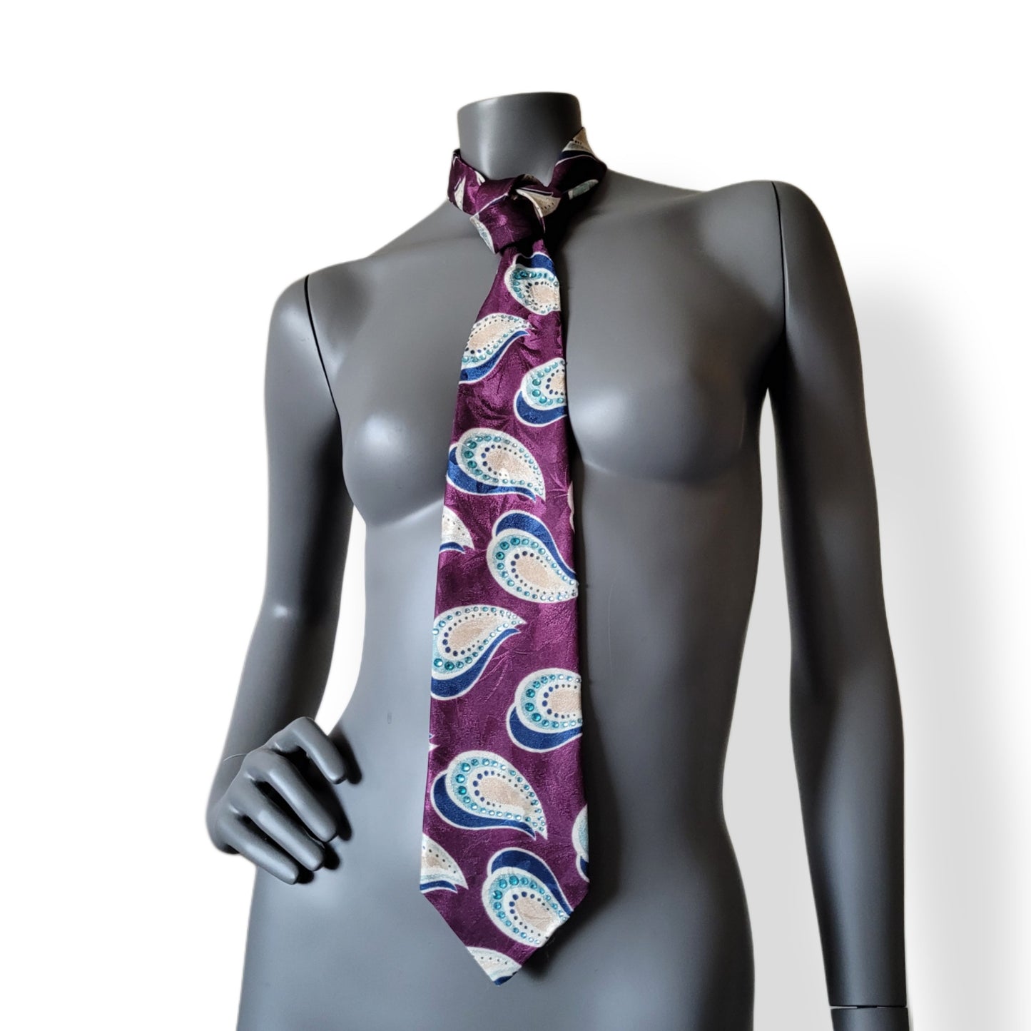Another Dance collection: If It Ain't Rockin' tie, retro 90's polyester necktie in purple, navy & light blue with light blue glass crystals