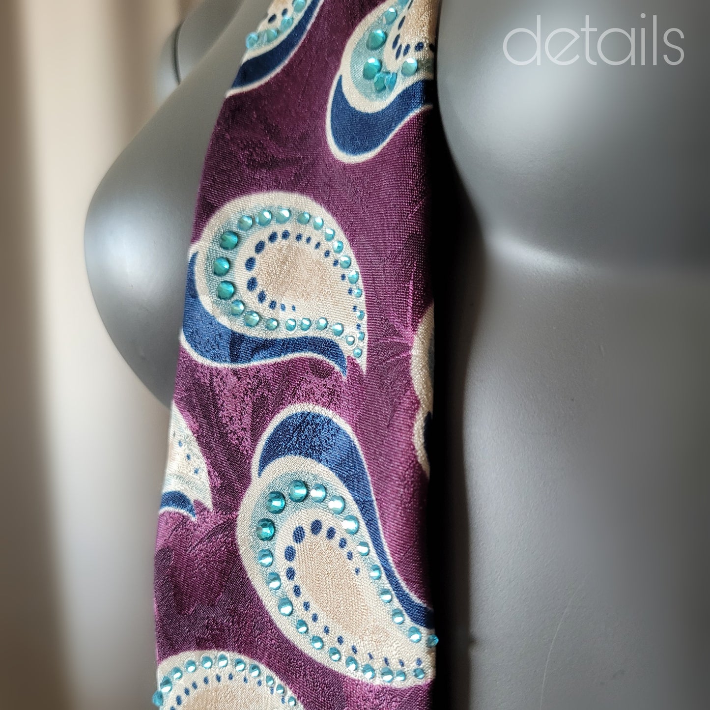 Another Dance collection: If It Ain't Rockin' tie, retro 90's polyester necktie in purple, navy & light blue with light blue glass crystals