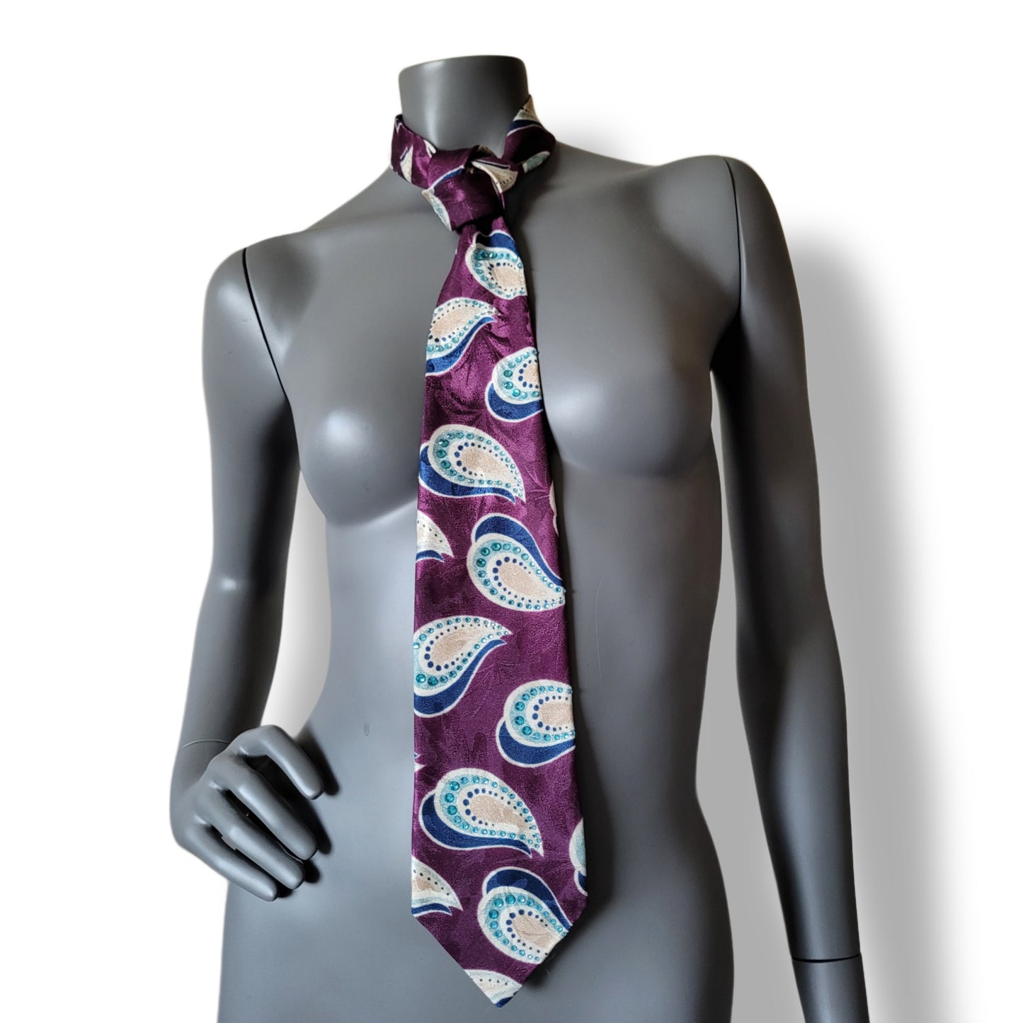 Another Dance collection: If It Ain't Rockin' tie, retro 90's polyester necktie in purple, navy & light blue with light blue glass crystals