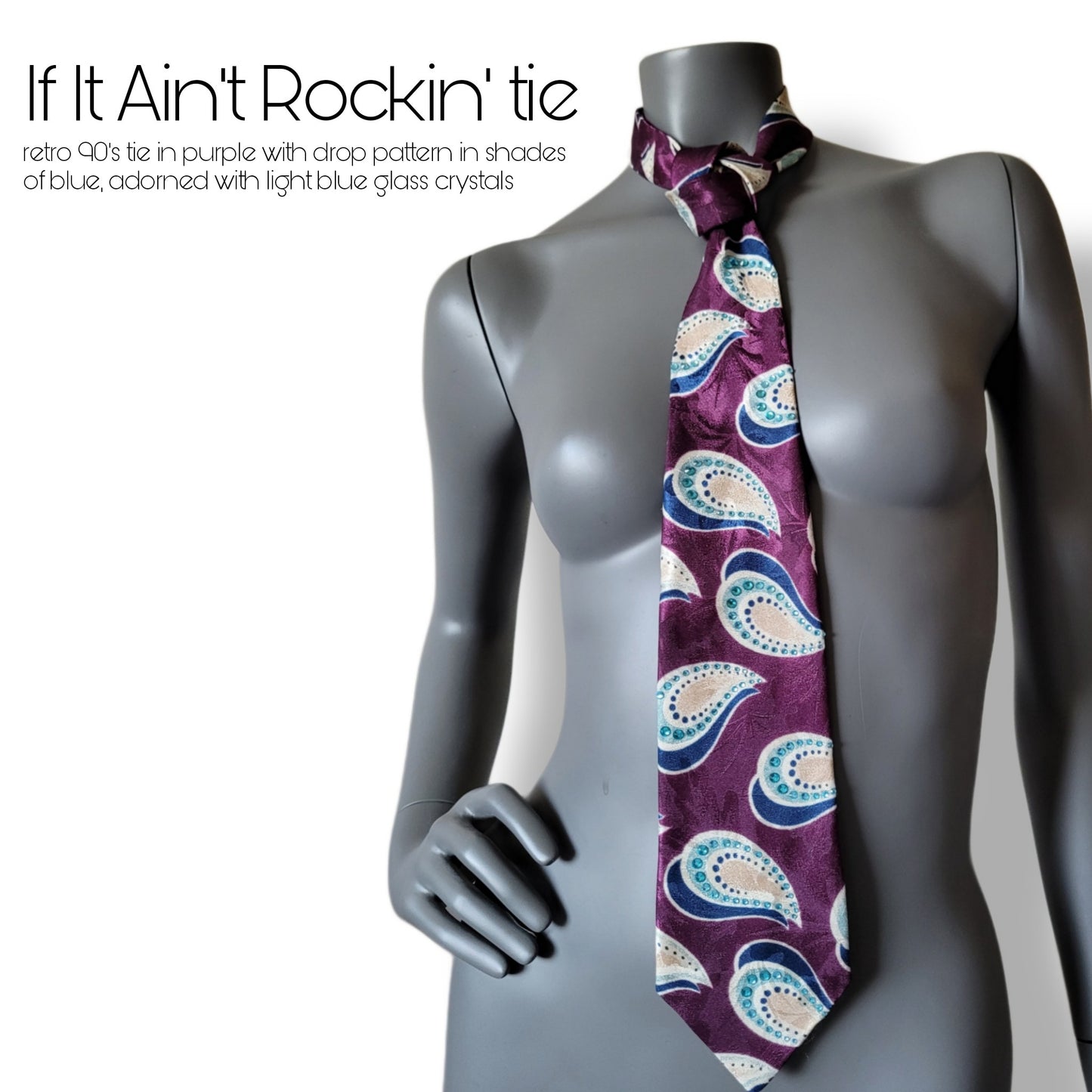 Another Dance collection: If It Ain't Rockin' tie, retro 90's polyester necktie in purple, navy & light blue with light blue glass crystals