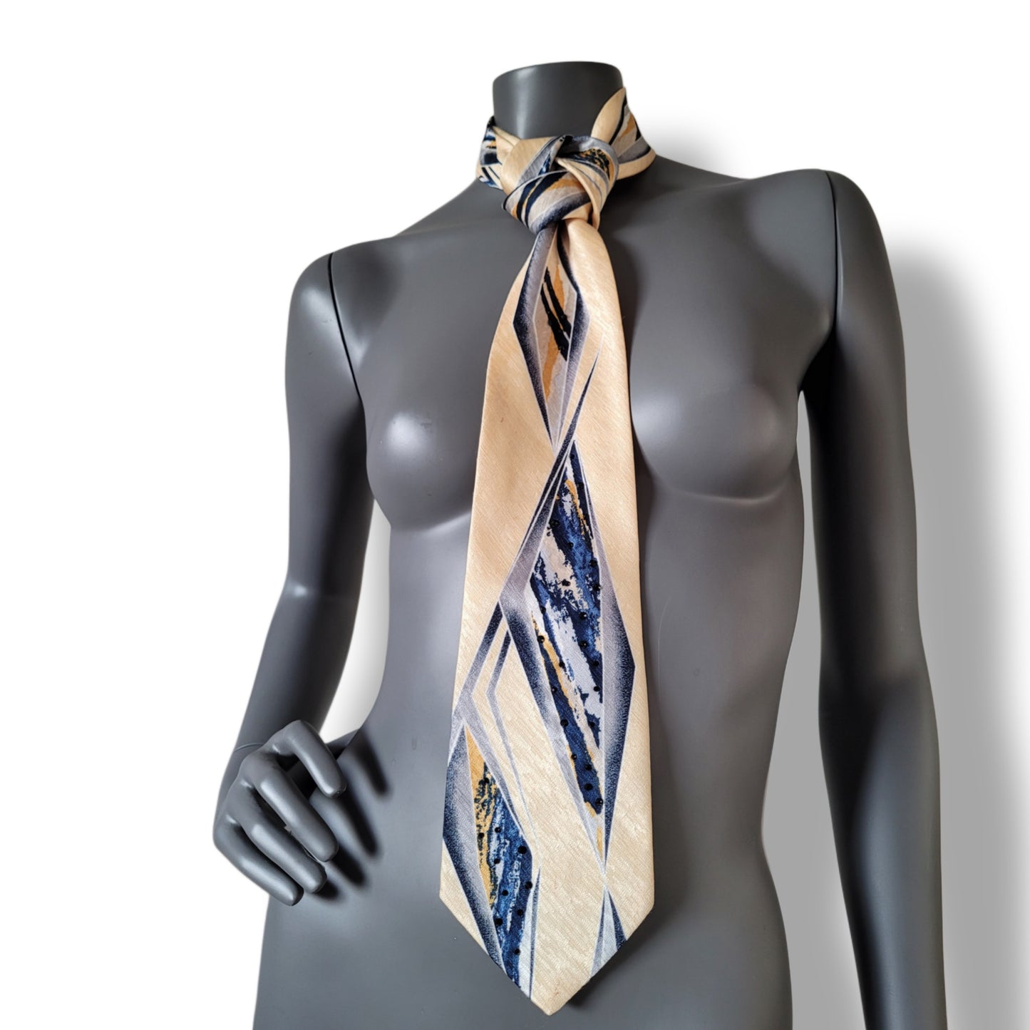 Another Dance collection: In the Waiting Line tie, retro 90's yellow polyester necktie with geometrical pattern in black, blue, and yellow adorned with jet black glass crystals