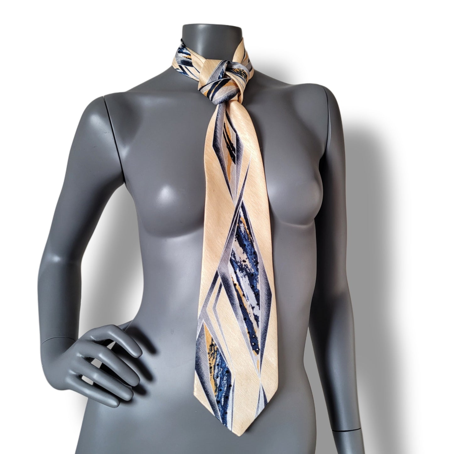 Another Dance collection: In the Waiting Line tie, retro 90's yellow polyester necktie with geometrical pattern in black, blue, and yellow adorned with jet black glass crystals