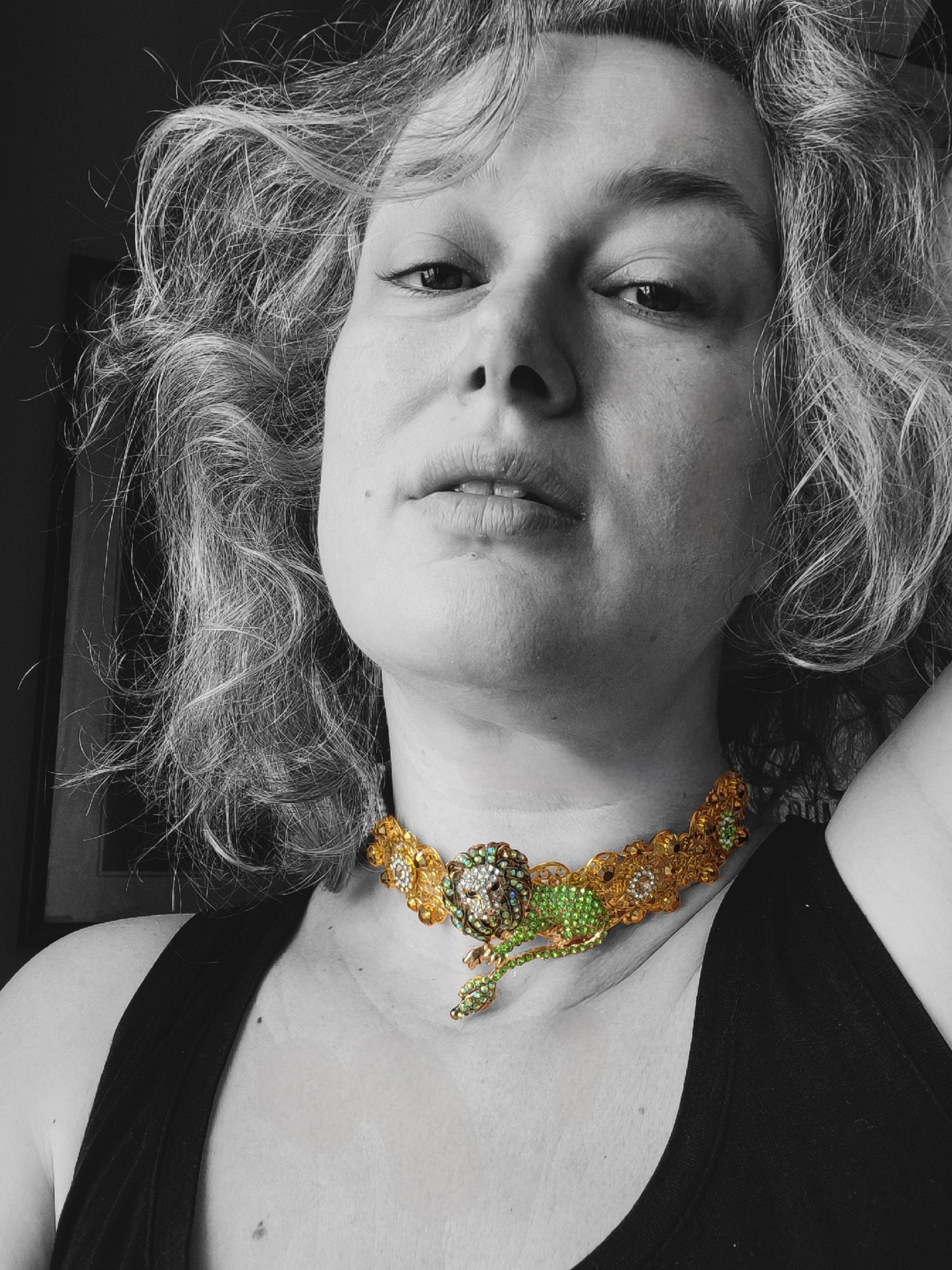 WhatEver collection: The King of the Beasts metal choker with a crystal encrusted green lion, rhinestones and glass crystals
