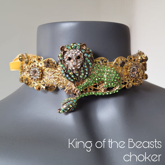 WhatEver collection: The King of the Beasts metal choker with a crystal encrusted green lion, rhinestones and glass crystals