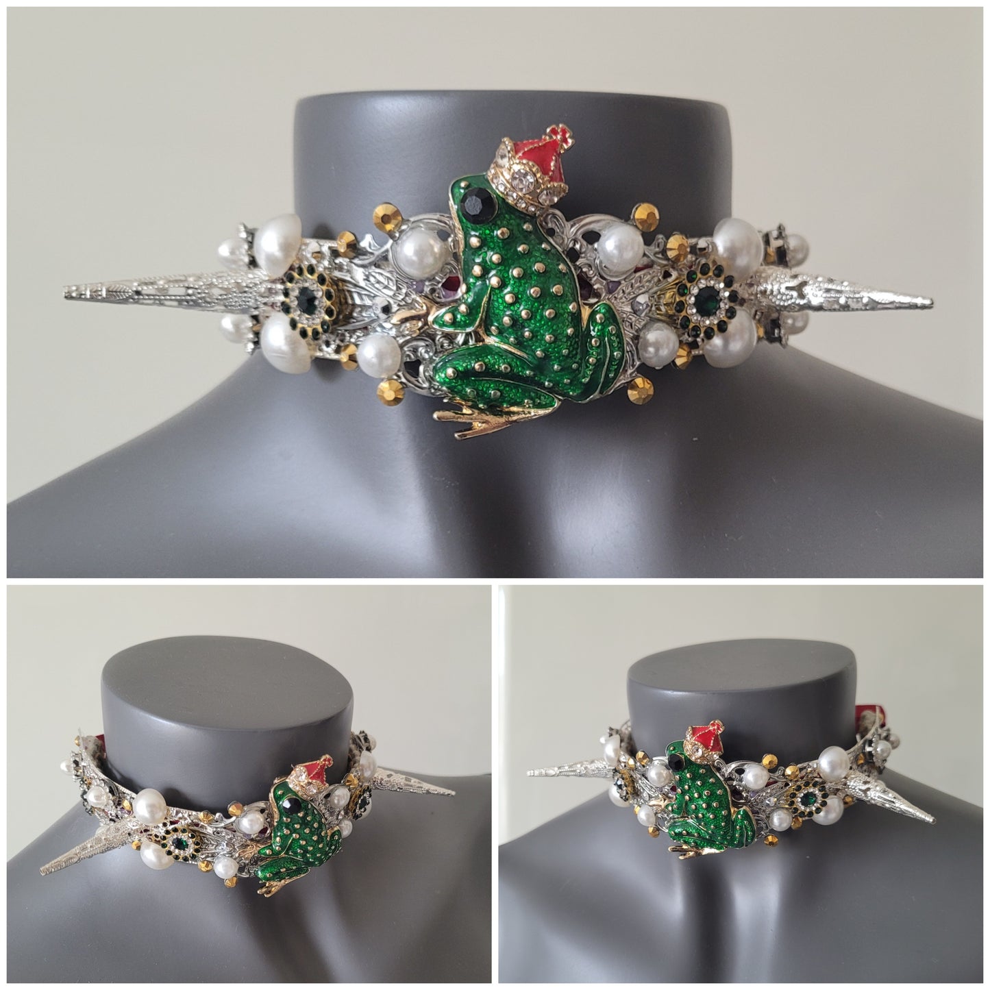 WhatEver collection: The Kiss the Frog metal choker with a crystal encrusted green frog wearing a red and golden royal crown, spikes, faux pearls, rhinestones and glass crystals (update photos before launch)