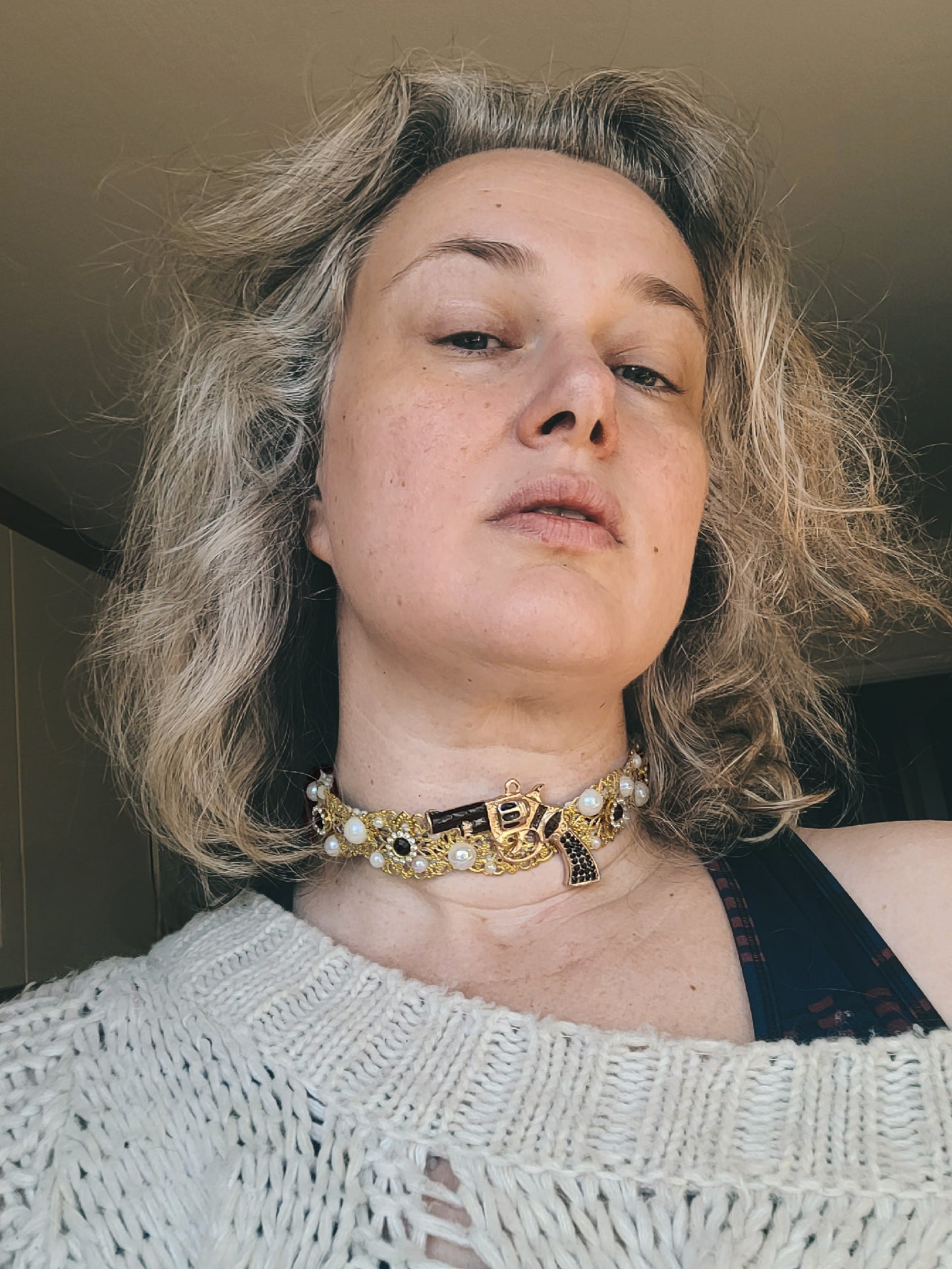 WhatEver collection: The Make It To Ten metal choker with a black revolver, glass crystals and faux irredecent pearls (Update photos before launch)
